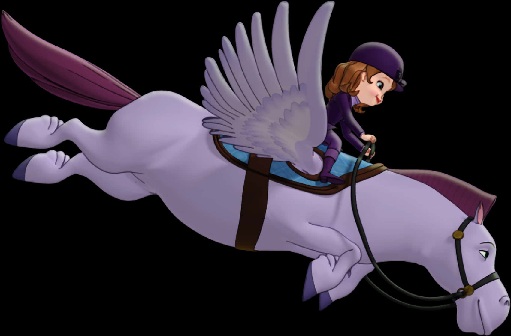 Sofia The First 桌布 壁紙 — 一位身穿紫色裝備的年輕騎士，騎著一匹雄偉的飛馬，在純黑背景上奔騰。