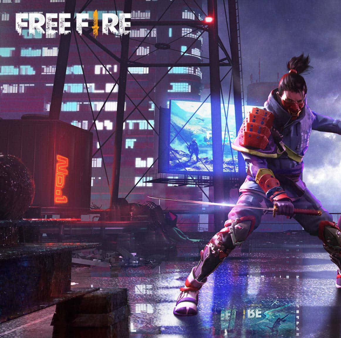 free fire 4K 桌布 壁紙 — 一位身穿紫色裝甲的賽博龐克戰士，在暴風雨的天空下，於霓虹燈照亮、雨水浸透的城市廢墟中揮舞著發光的劍。