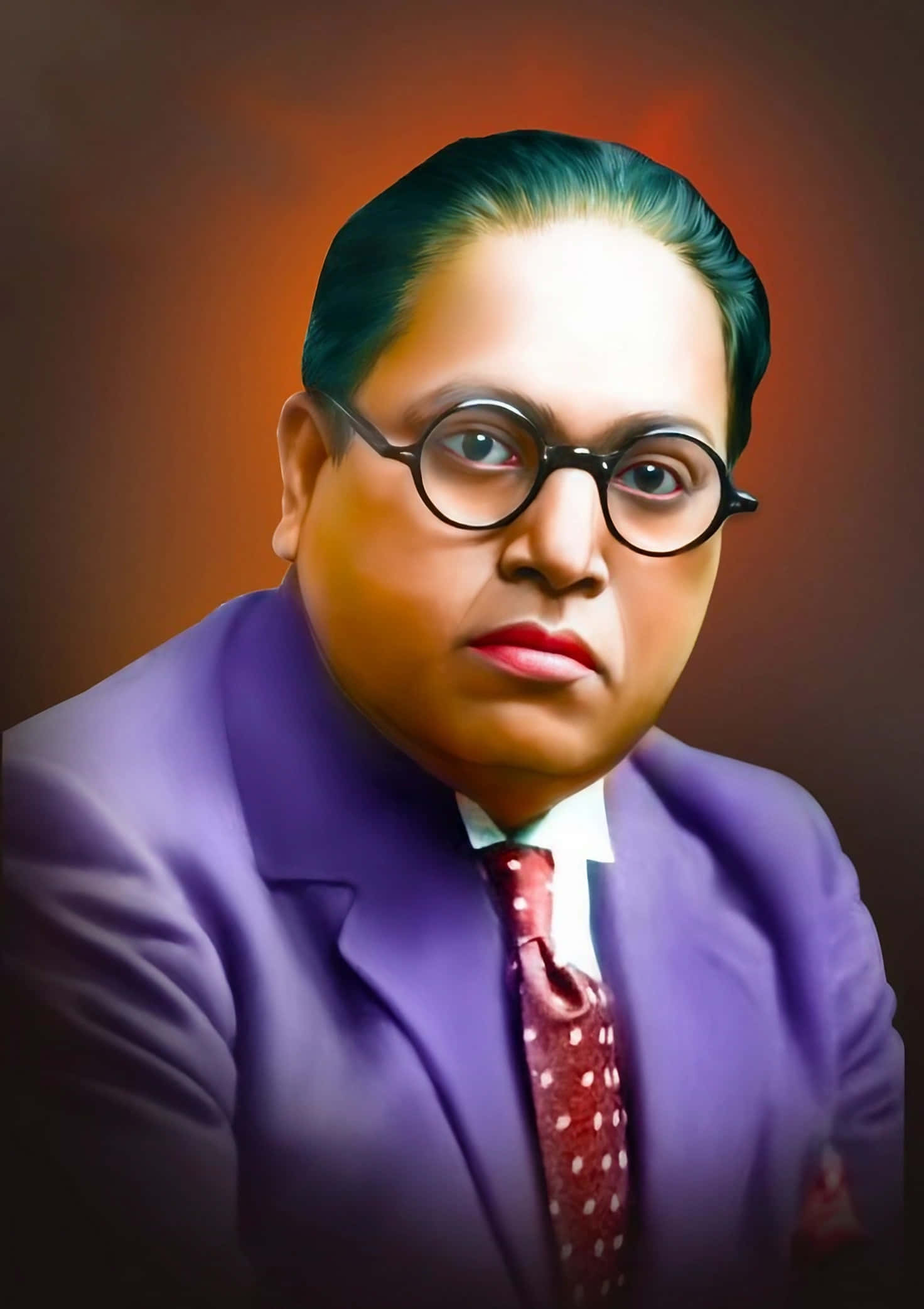 Ambedkar 桌布 壁紙 — 一位身穿紫色西裝、戴著圓框眼鏡的尊貴男士，在溫暖的漸變背景前凝視前方。
