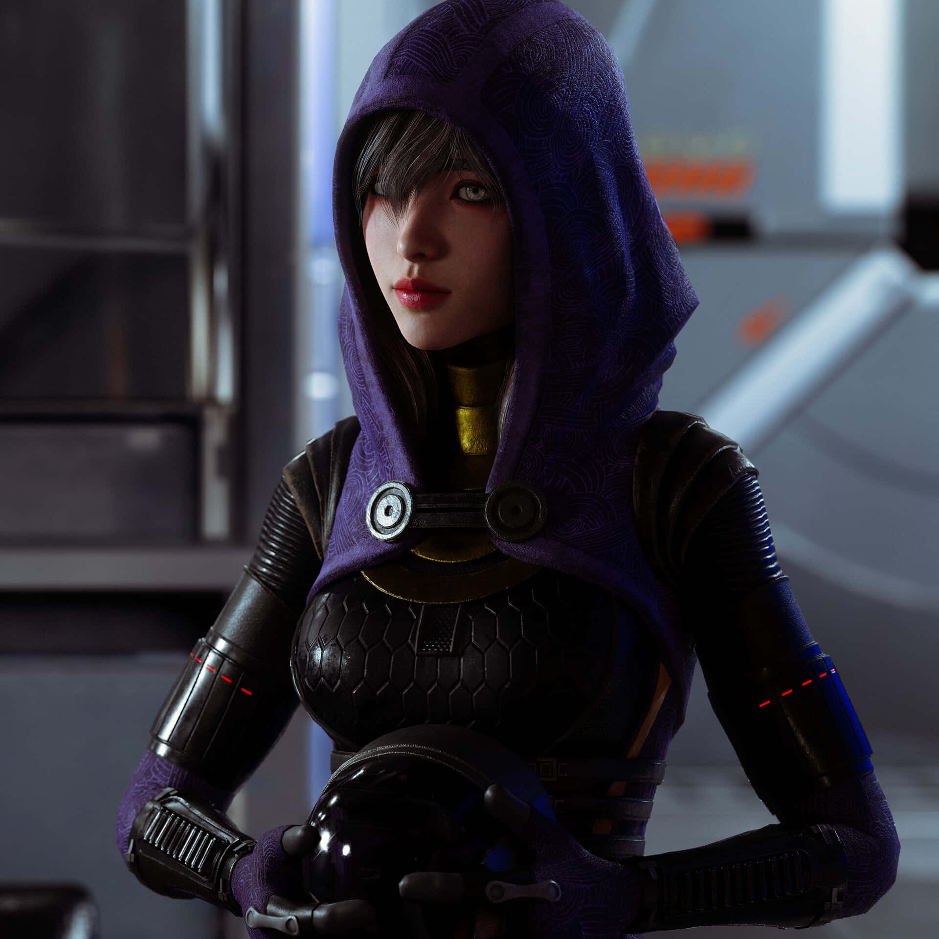 Tali'zorah 桌布 壁紙 — 一位身穿紫色連帽服的賽博龐克女性在未來金屬房間中手持頭盔。