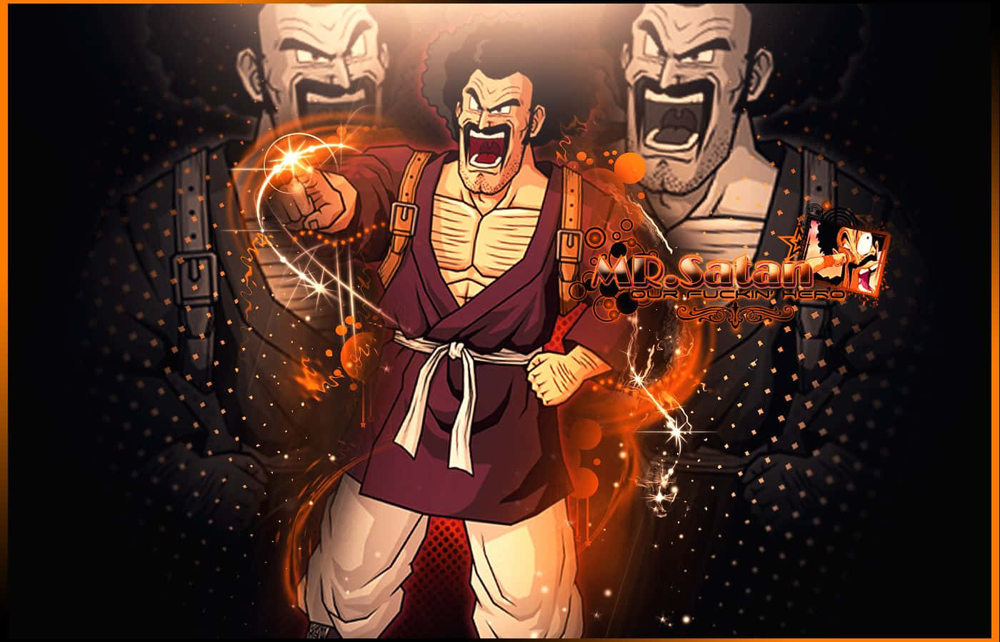 Hercule Satan 桌布 壁紙 — 一位身穿紫色道服的兇猛動漫戰士咆哮著發射能量彈，兩側是兩個兇惡的對手，背景是黑暗的星空。