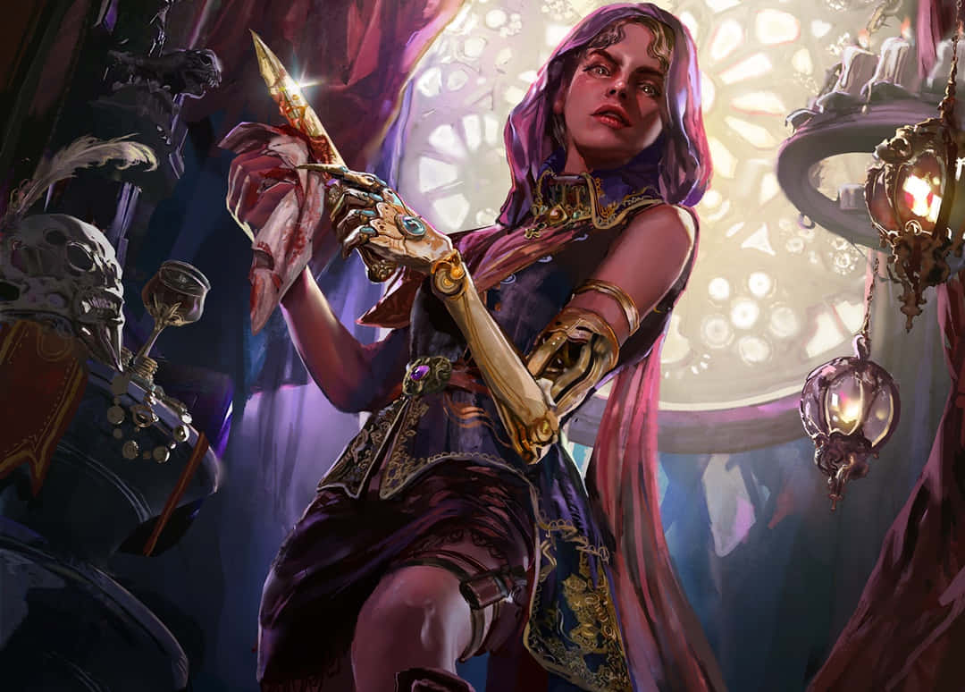 Thieves Guild 桌布 壁紙 — 一位身穿紫色長袍和金色盔甲的奇幻戰士，在光線昏暗、有彩色玻璃窗的大教堂中握著一把發光的匕首。