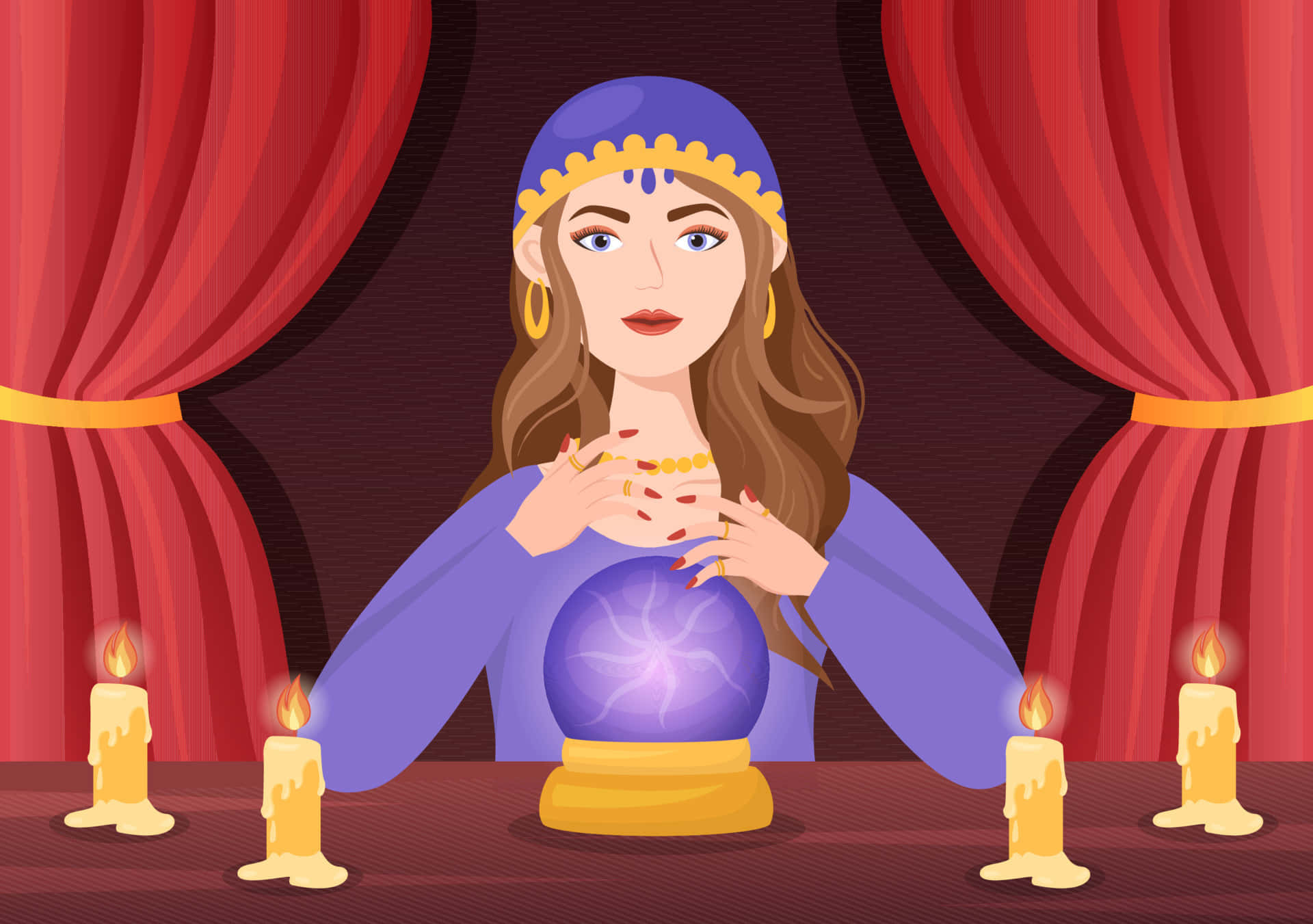 Fortune Teller 桌布 壁紙 — 一位身穿紫色長袍的占卜師手持發光的水晶球，周圍環繞著點燃的蠟燭和紅色窗簾。