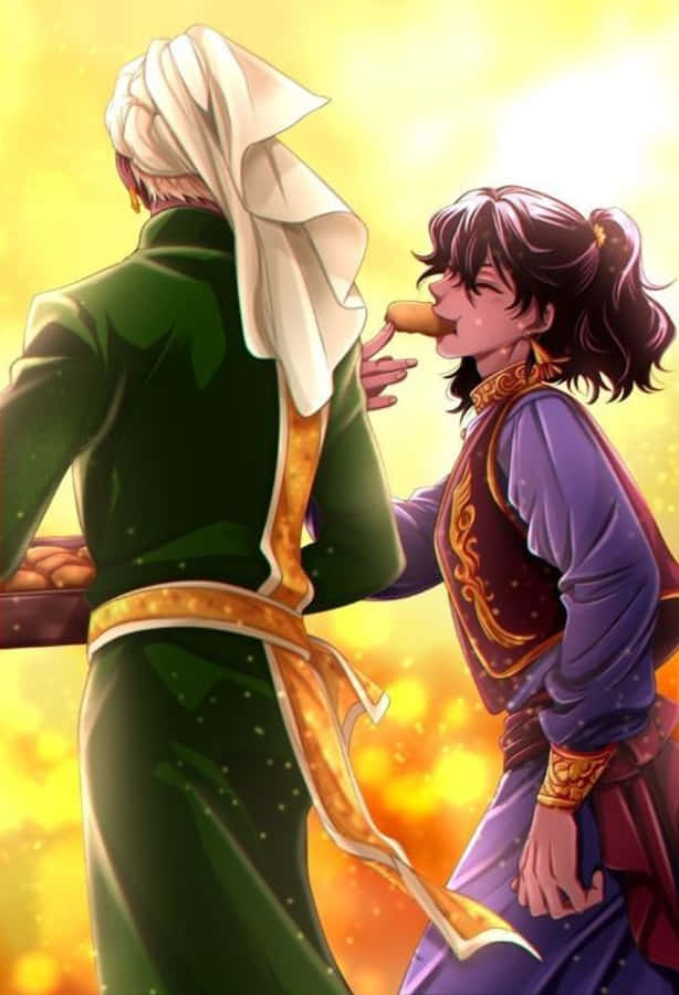 Black Butler Agni 桌布 壁紙 — 一位身穿紫色長袍的年輕女子，在燦爛的金色日落背景下，頑皮地餵一個穿長袍的人物吃糕點。