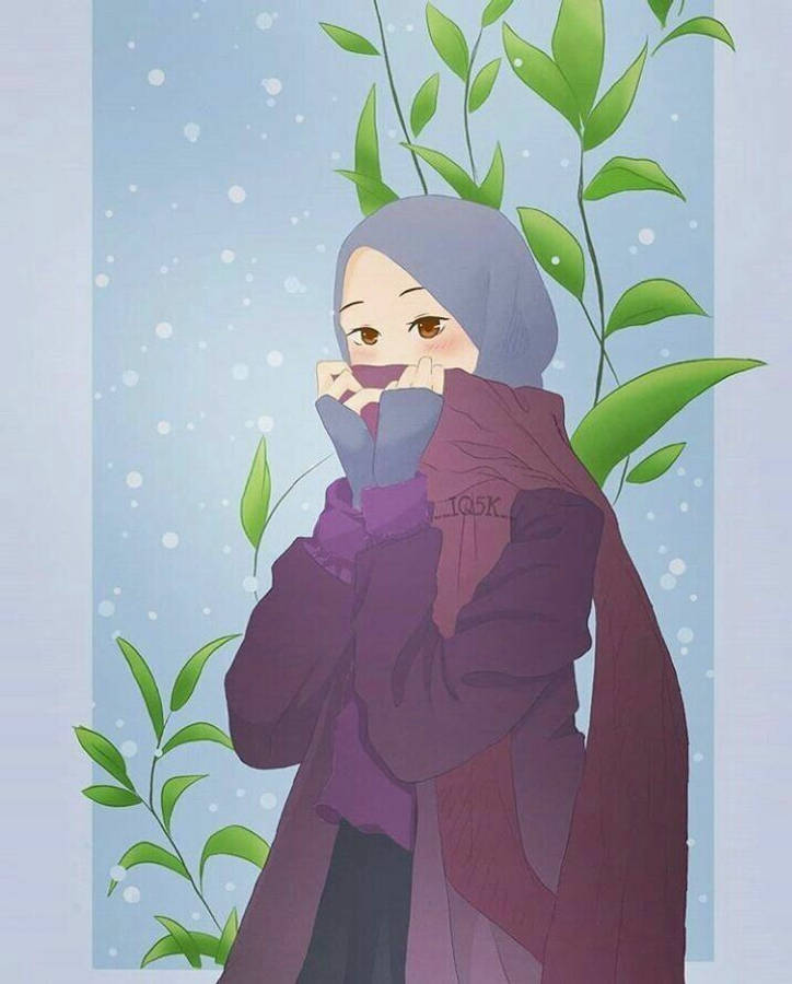 藝術 桌布 壁紙 — 一位身穿紫色頭巾和外套的年輕女子站在綠色藤蔓旁，背景是雪白的藍色。