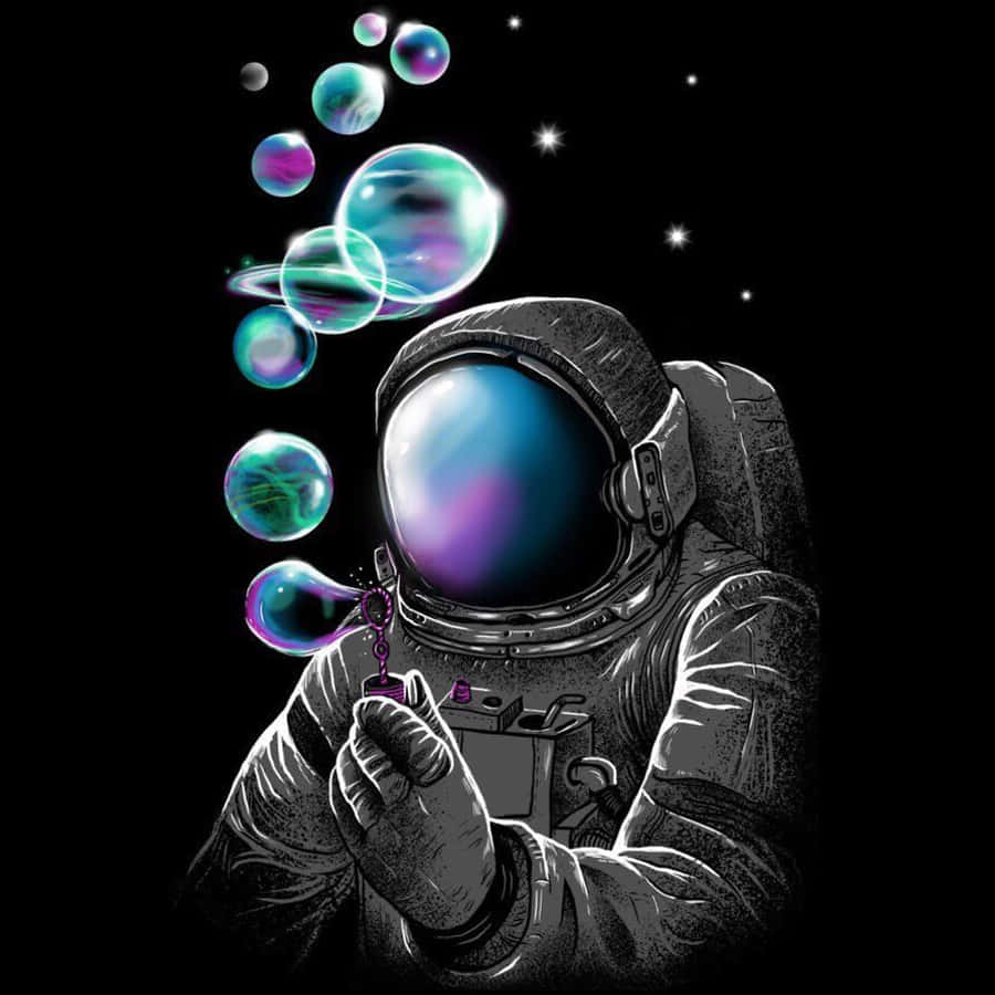 astronaut aesthetic 桌布 壁紙 — 一位身穿細節太空衣的太空人，在繁星點點的黑色太空背景下吹出彩虹色的泡泡。
