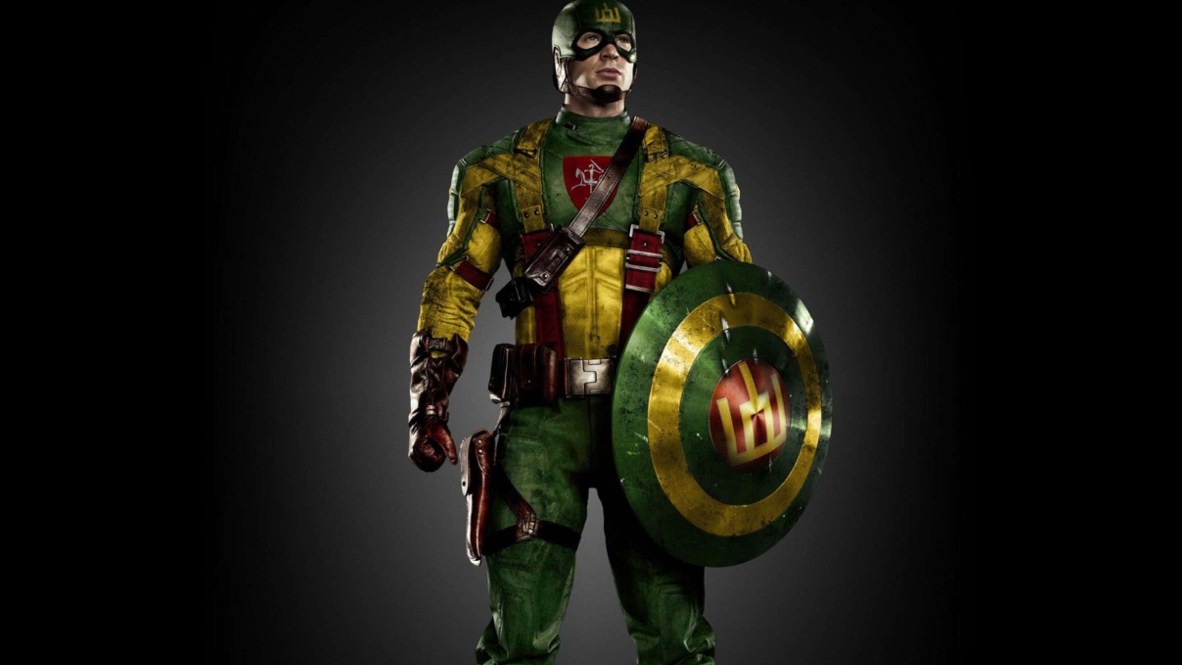 4K Captain America 桌布 壁紙 — 一位身穿綠色、黃色和紅色盔甲的超級英雄，在深色漸變背景前站立，手持圓形盾牌。