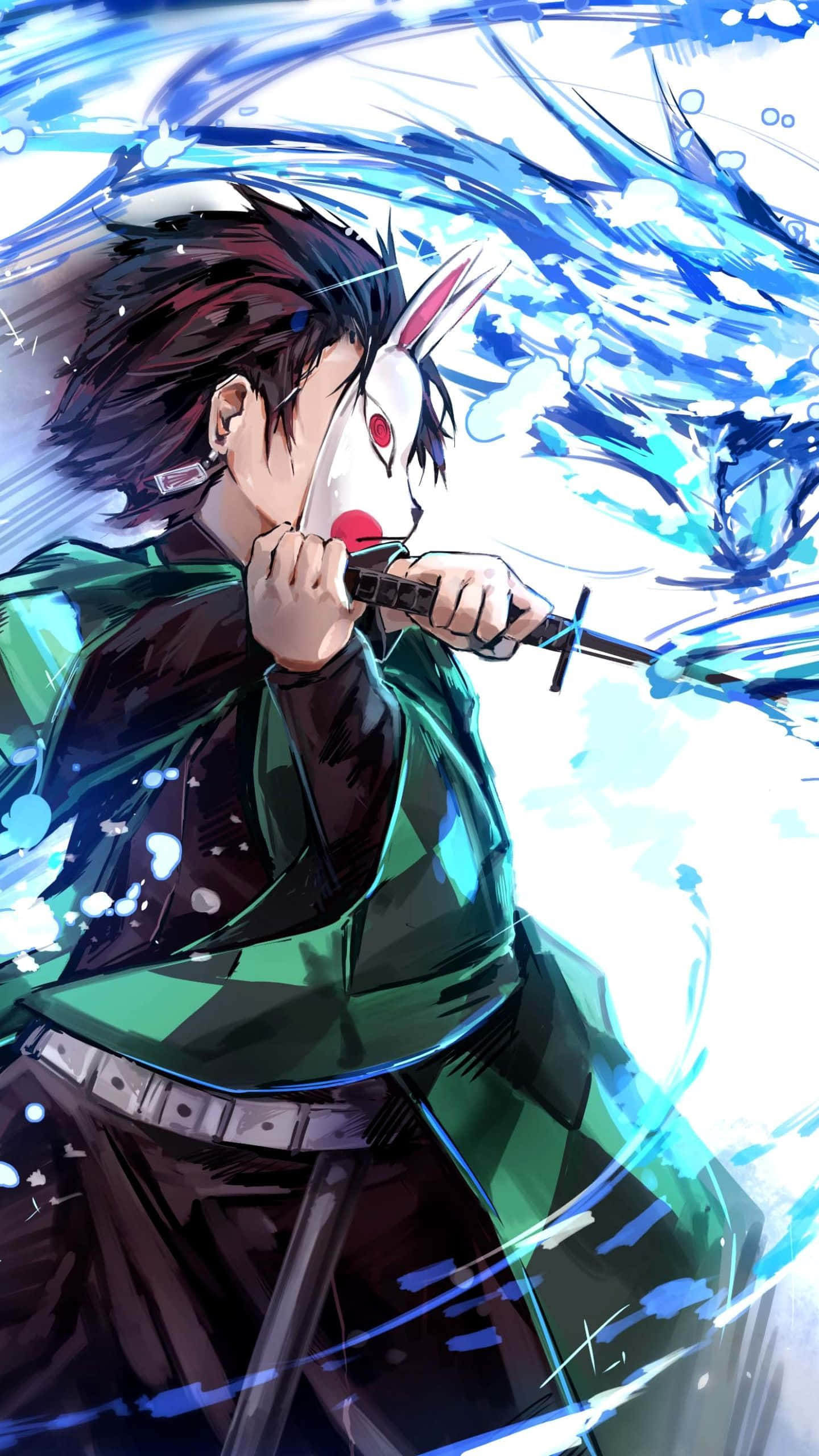 Tanjiro Kamado 桌布 壁紙 — 一位身穿綠色和服的動漫戰士在旋轉的藍色水和飛濺中揮舞著劍。