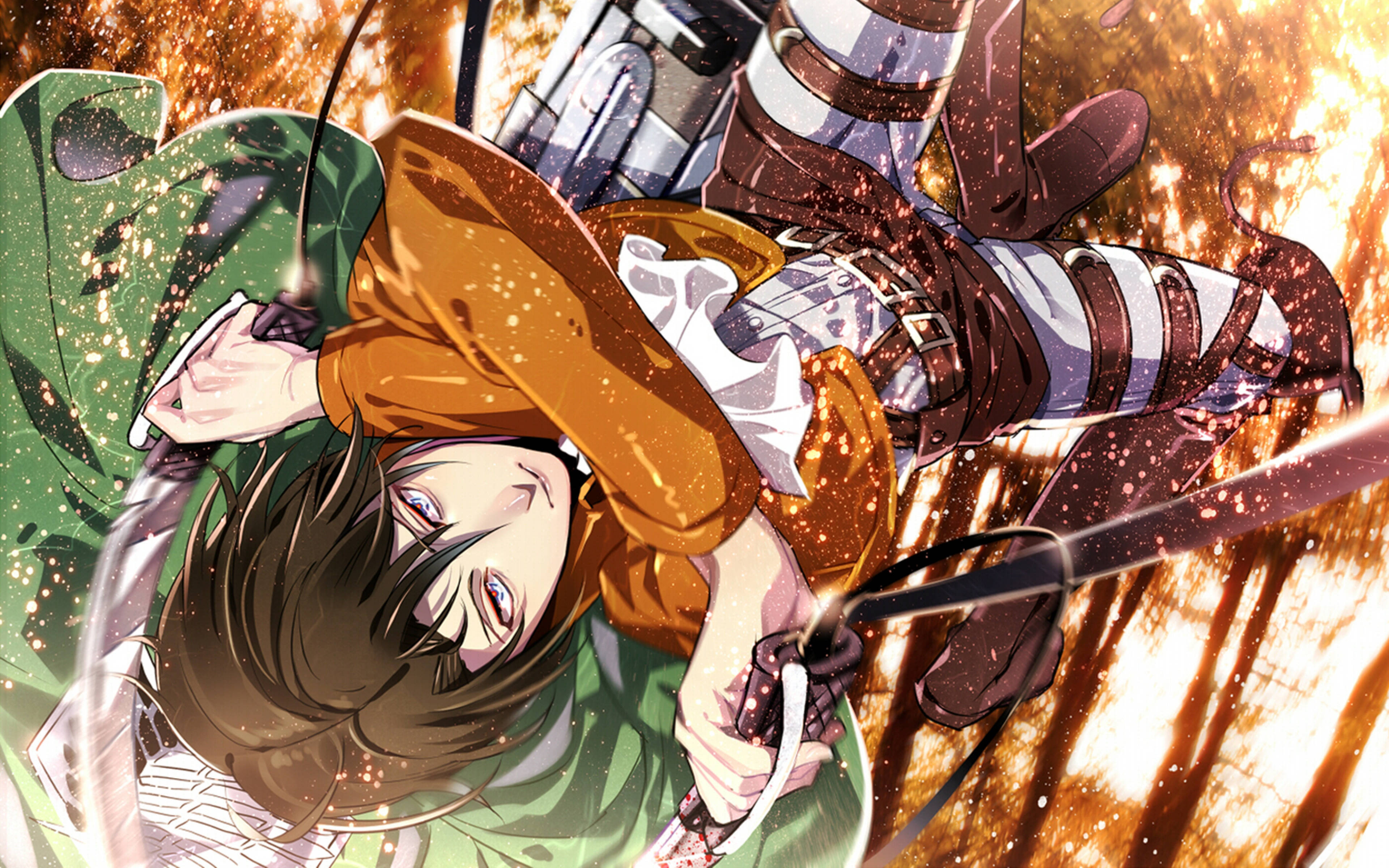 Levi 桌布 壁紙 — 一位身穿綠色和棕色裝備的動漫戰士，以動態戰鬥姿勢揮劍斬過熾熱的火花。