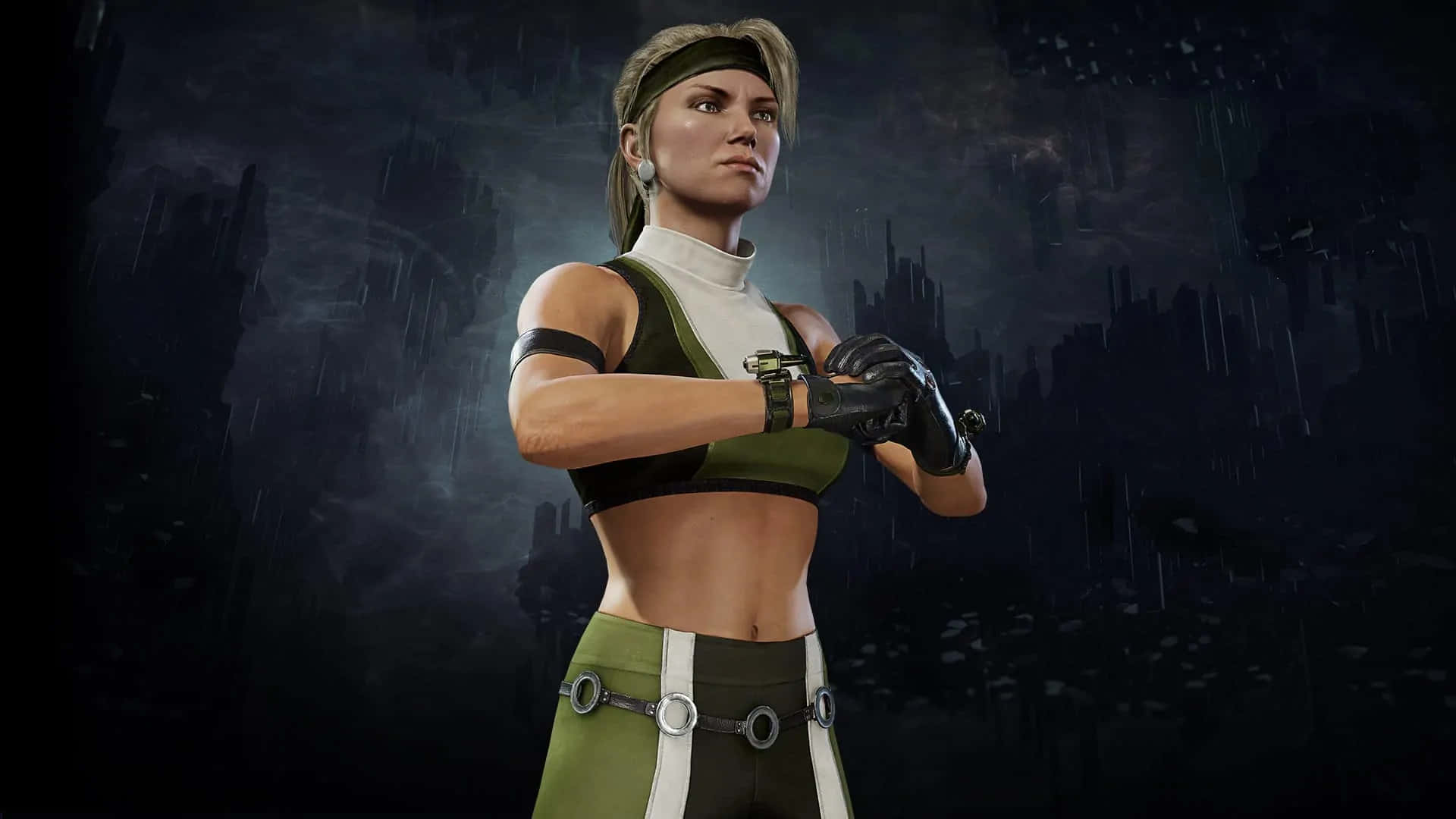 Mortal Kombat Characters 桌布 壁紙 — 一位身穿綠色和白色裝備的女戰士在雨夜中對抗黑暗的城市天際線，蓄勢待發。