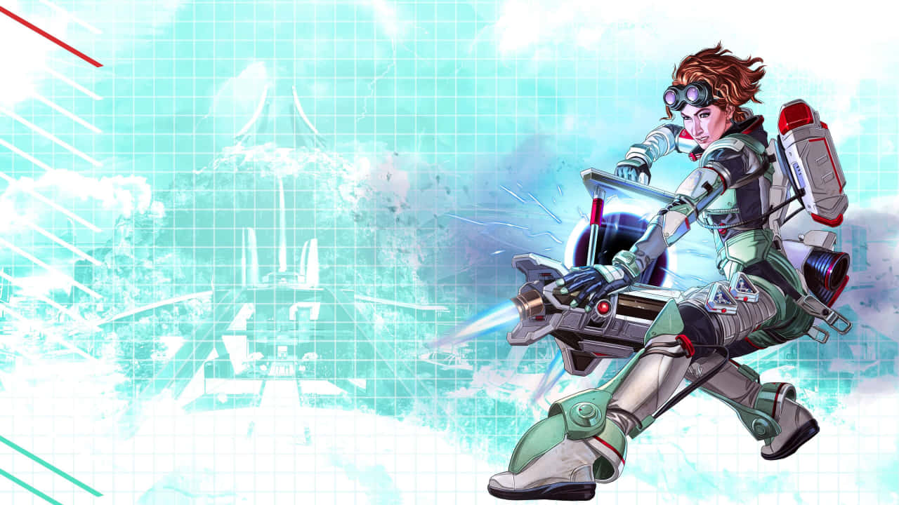 720p Apex Legends 桌布 壁紙 — 一位身穿綠色和白色裝甲的未來女戰士，在網格圖案的青綠色和白色數位背景前發射發光武器。