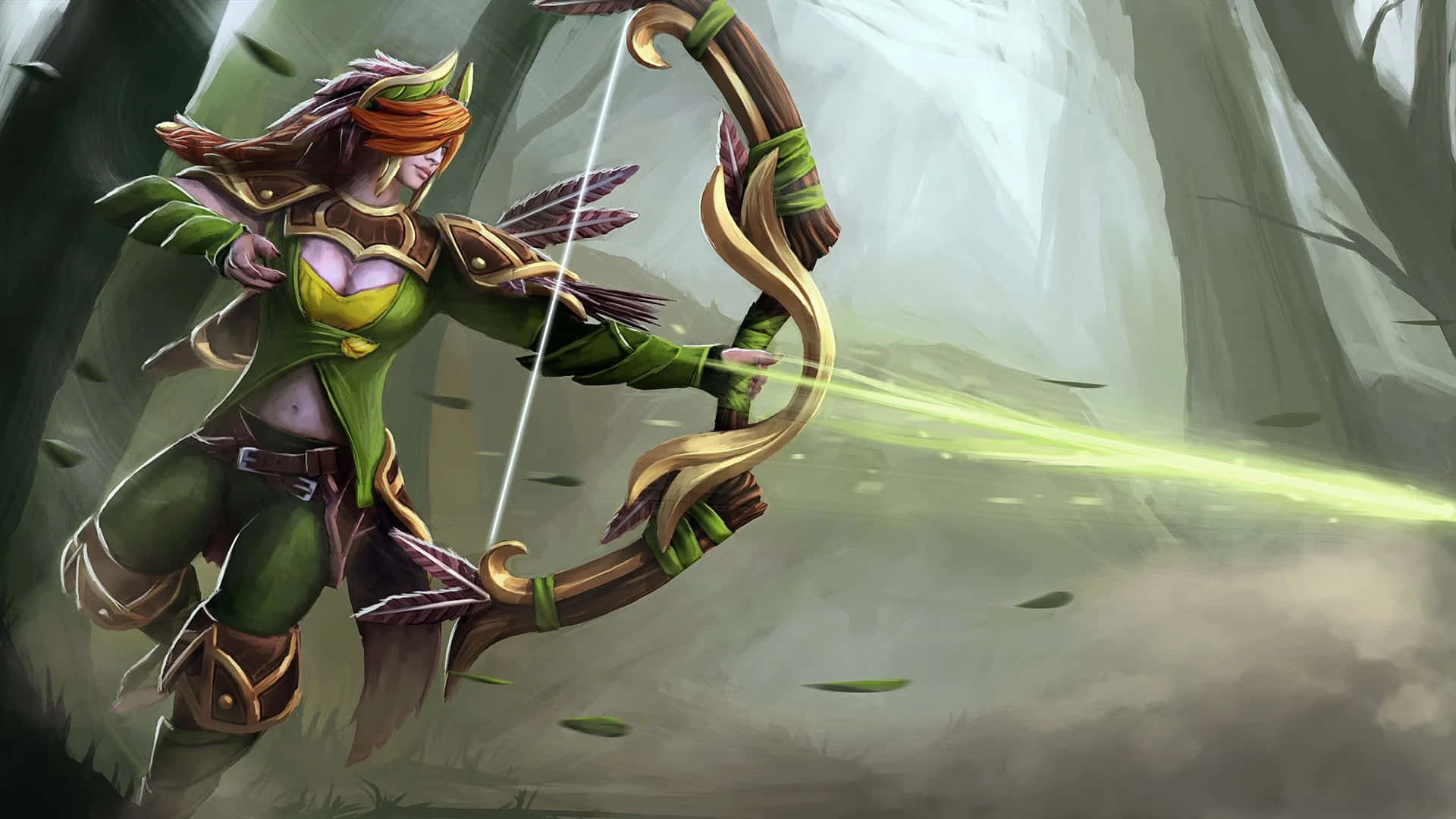 Windranger 桌布 壁紙 — 一位身穿綠色和金色盔甲的奇幻弓箭手在迷霧森林中拉開發光的弓。