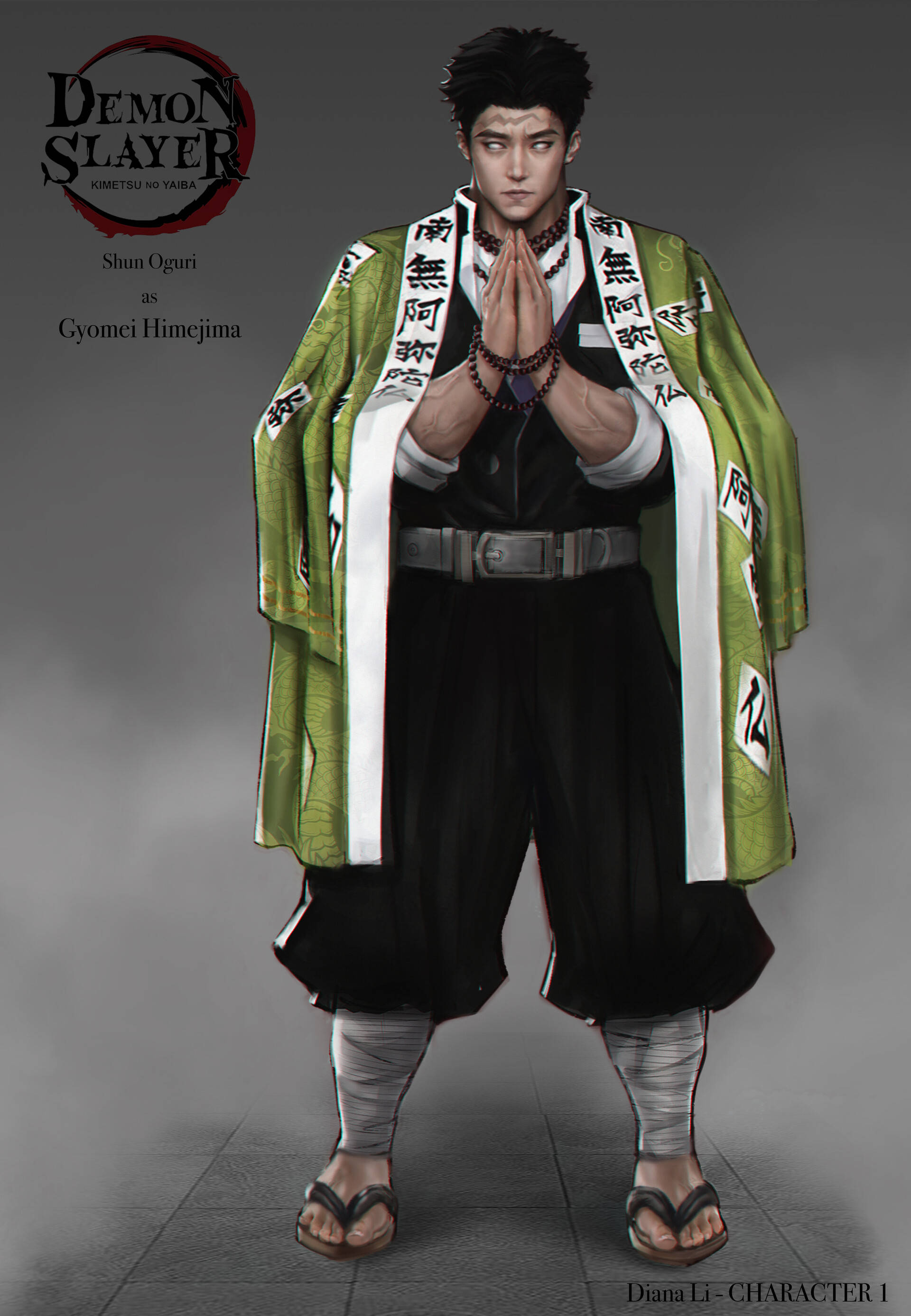 Gyomei 桌布 壁紙 — 一位身穿綠色和黑色制服的惡魔獵人站在灰色工作室背景前，雙手合十祈禱。