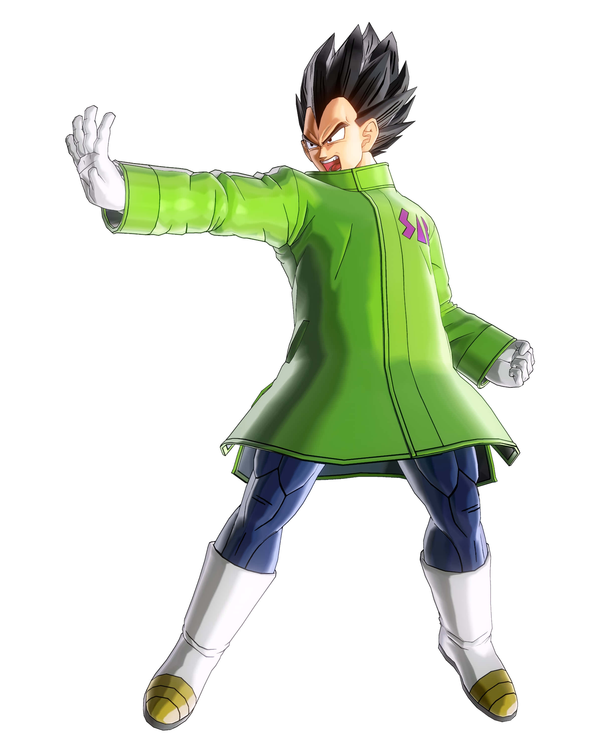 Dragon Ball Xenoverse 2 桌布 壁紙 — 一位身穿綠色外套和藍色褲子的兇猛動漫戰士，在純白色背景前擺出動態戰鬥姿勢。