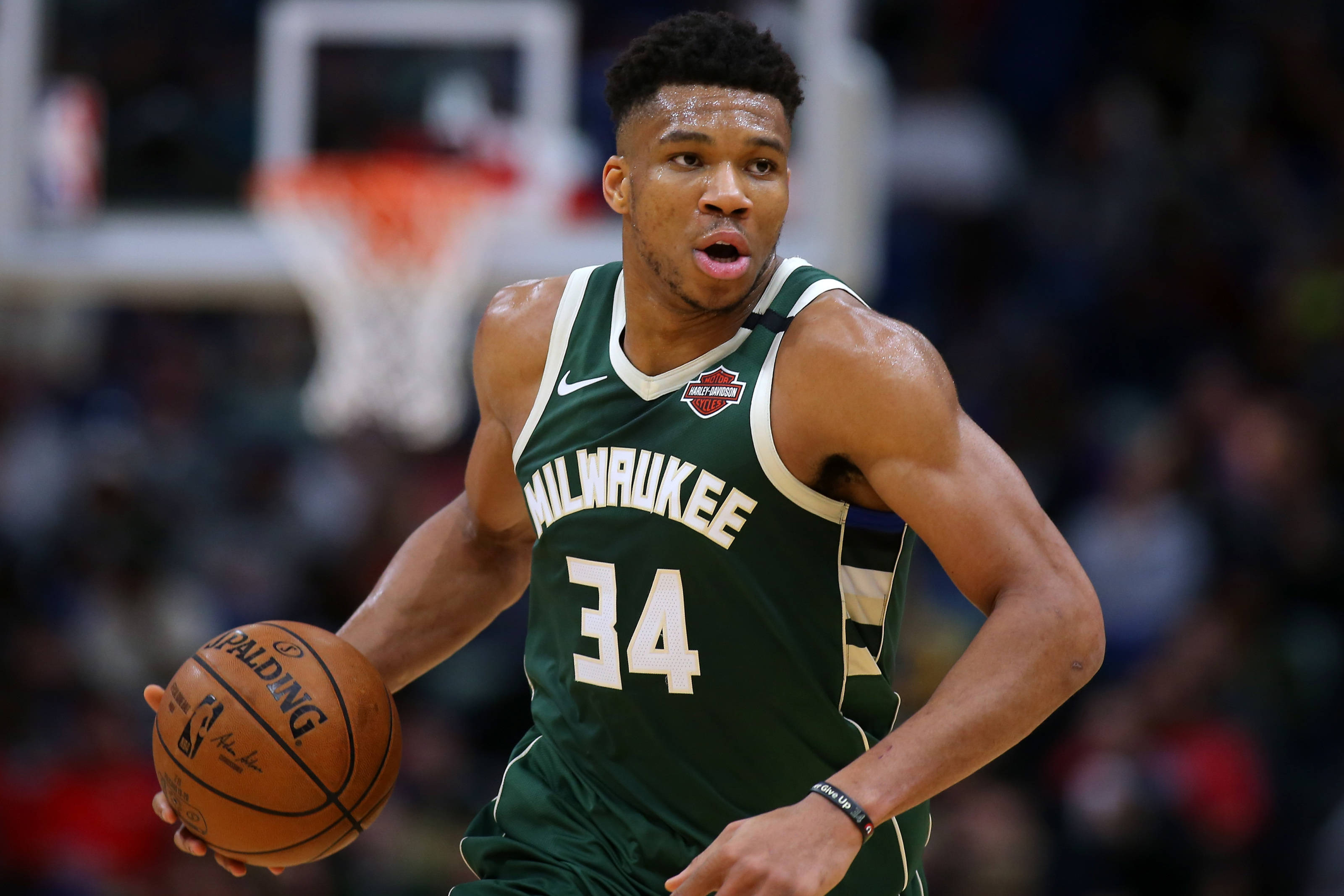 Giannis 桌布 壁紙 — 一位身穿綠色密爾瓦基球衣的專注籃球運動員，在明亮的場館燈光下激烈運球。