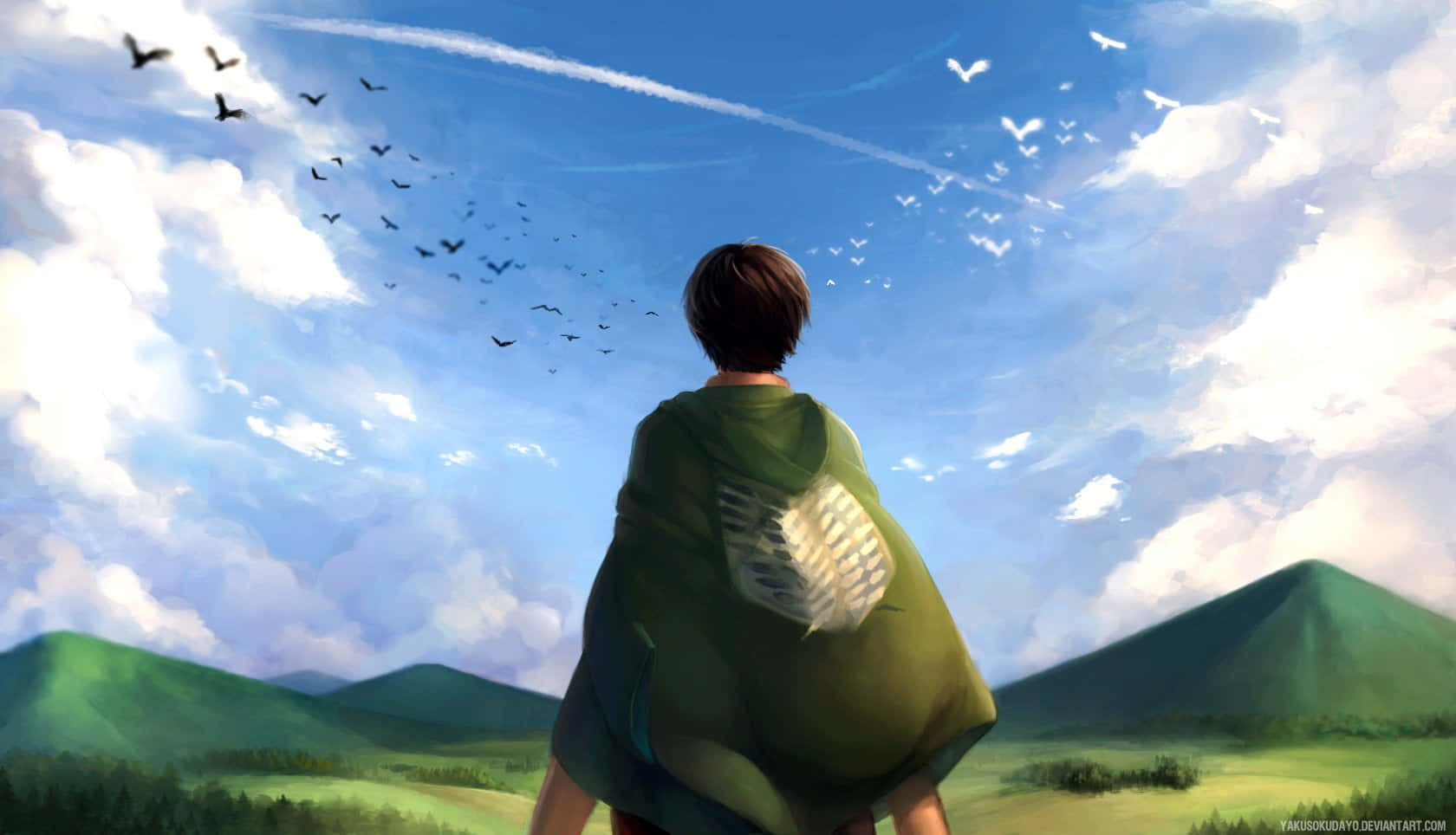 Attack On Titan Poster 桌布 壁紙 — 一位身穿綠色斗篷、帶有白色徽章的年輕人站在長滿草的山丘上，俯瞰著連綿起伏的綠色山丘，天空湛藍，雲朵點綴，鳥兒飛翔。