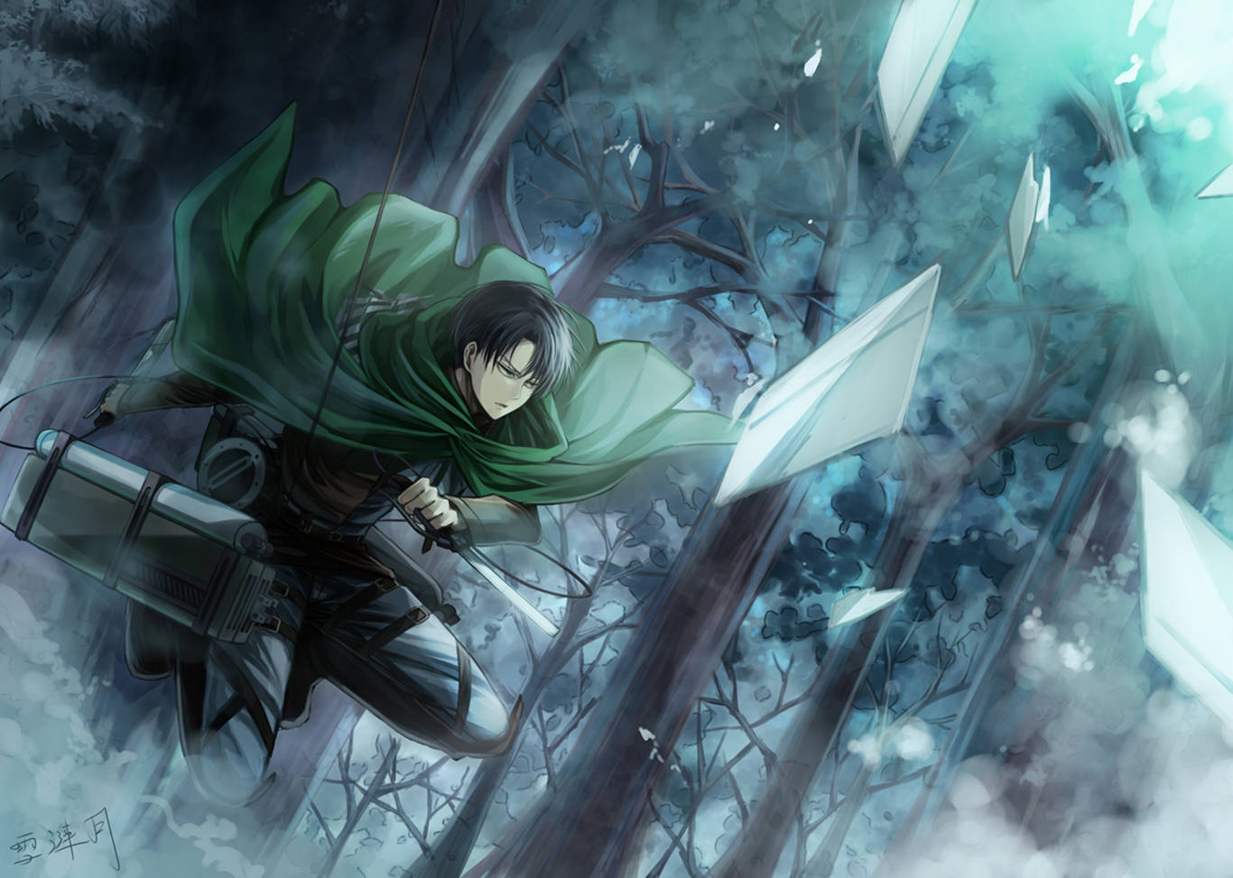 levi aesthetic 桌布 壁紙 — 一位身穿綠色斗篷、意志堅定的動漫戰士，在迷霧森林中翱翔，揮舞著劍，周圍是墜落的水晶碎片。