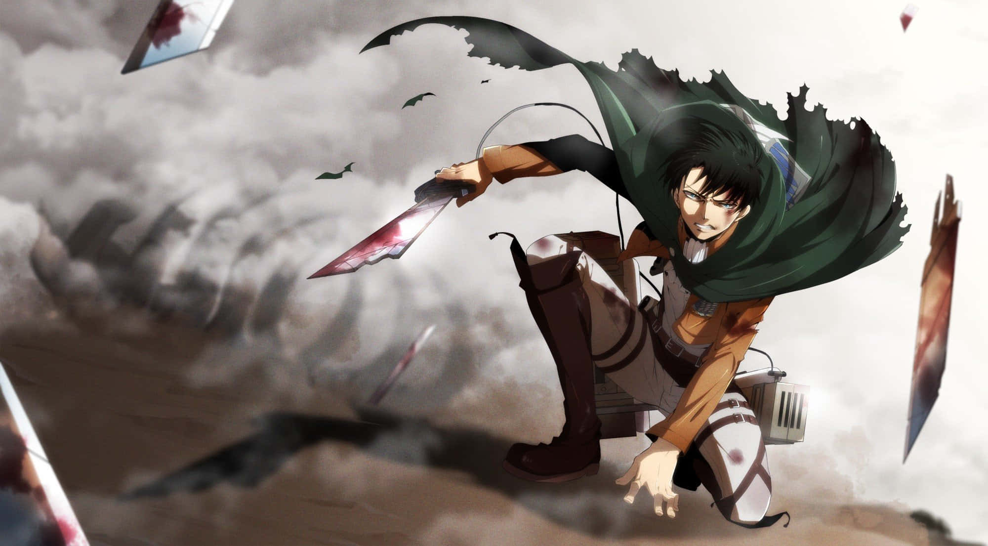 Levi Ackerman Desktop 桌布 壁紙 — 一位身穿綠色斗篷的動漫戰士，在旋轉的煙霧和墜落的碎片中揮舞著沾滿鮮血的劍。