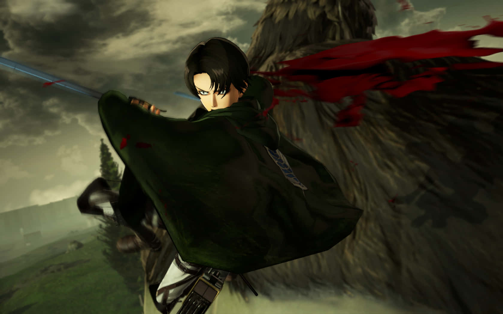Levi Ackerman Desktop 桌布 壁紙 — 一位身穿綠色斗篷的堅定動漫戰士，在暴風雨的天空下揮劍劃破空氣，紅色布料在他身後飄揚。