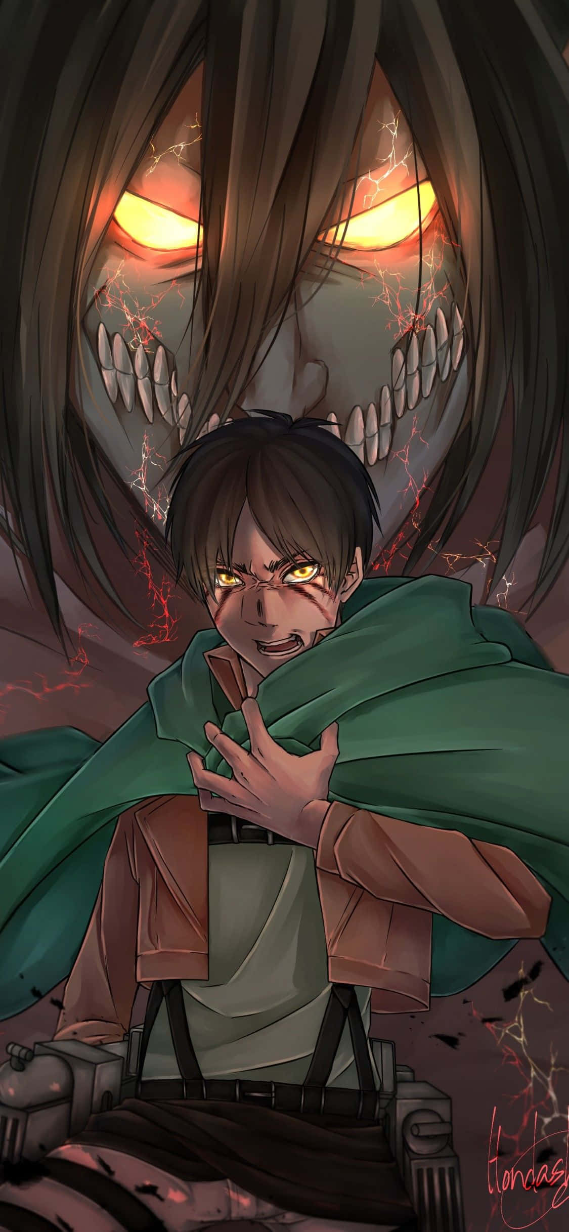Attack On Titan Titan Eren 桌布 壁紙 — 一位身穿綠色斗篷的堅定動漫戰士，面對著一個眼睛發光、牙齒鋒利、帶有噼啪作響的紅色能量的高聳巨人。