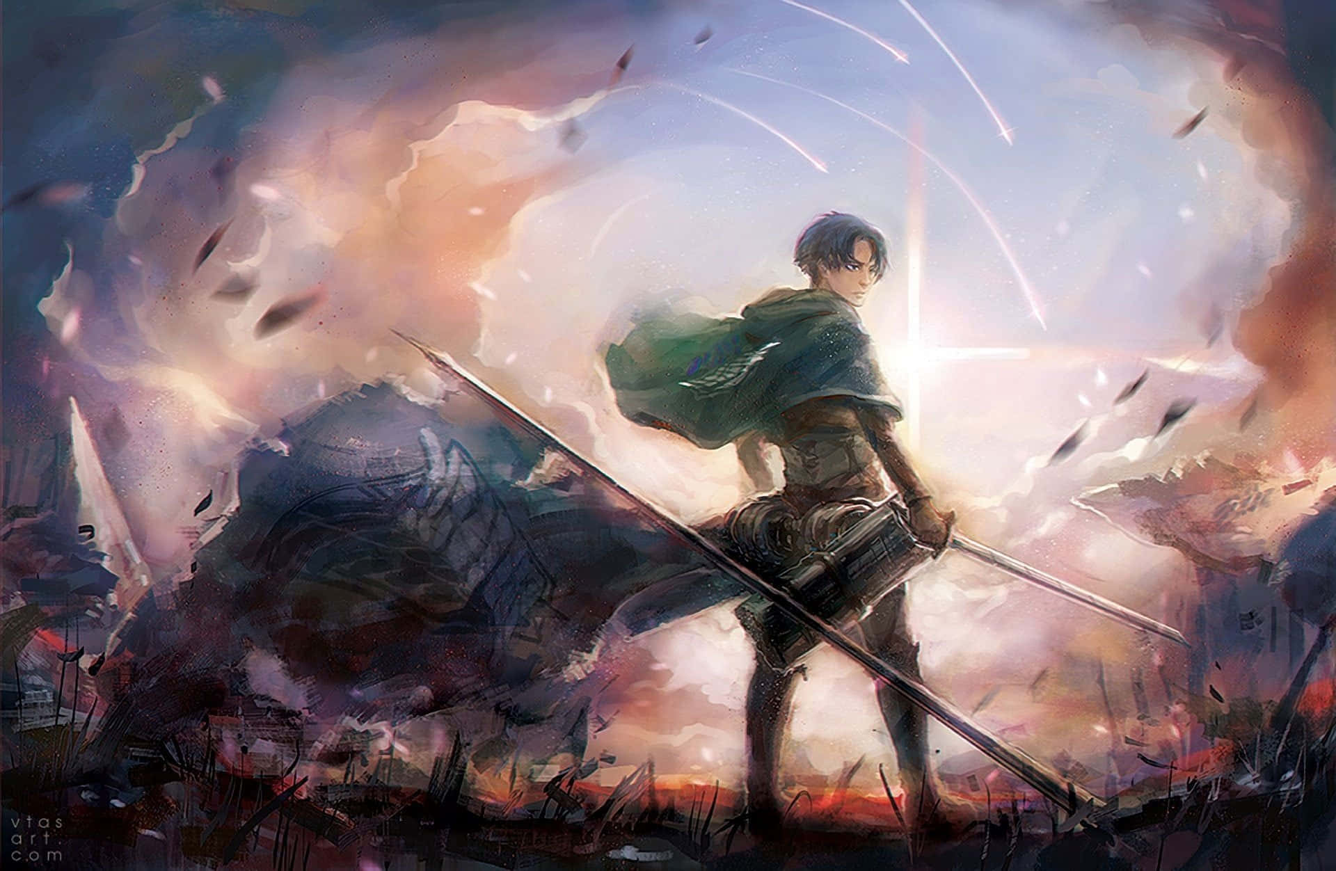 Levi Ackerman Desktop 桌布 壁紙 — 一位身穿綠色斗篷的孤獨戰士，在旋轉雲層和墜落碎片的戲劇性天空下，交叉雙劍挑釁地站立。