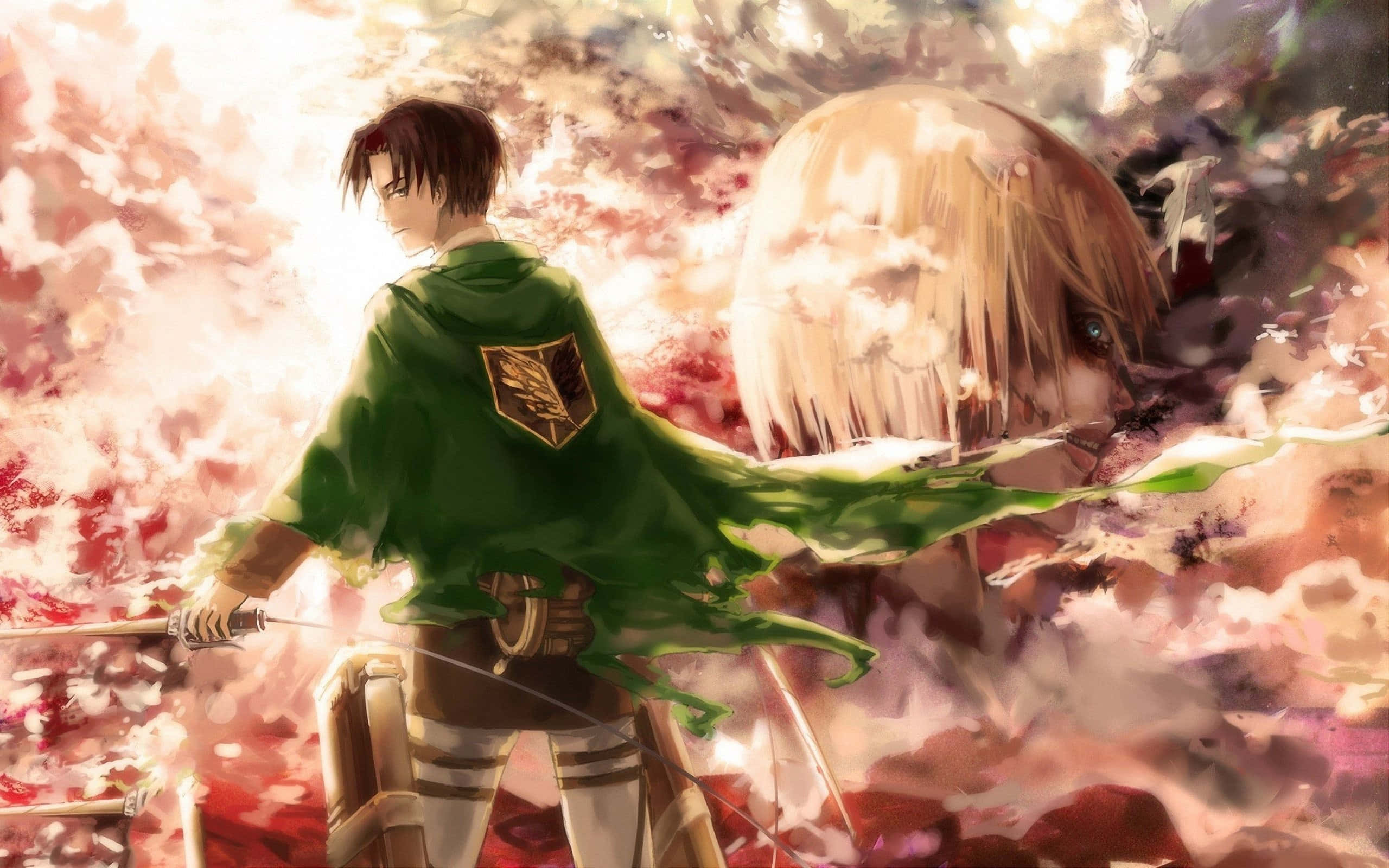 Levi Ackerman Desktop 桌布 壁紙 — 一位身穿綠色斗篷的年輕戰士，在紅色和粉紅色花瓣的風暴中， defiant地對抗著一個巨大的巨人。