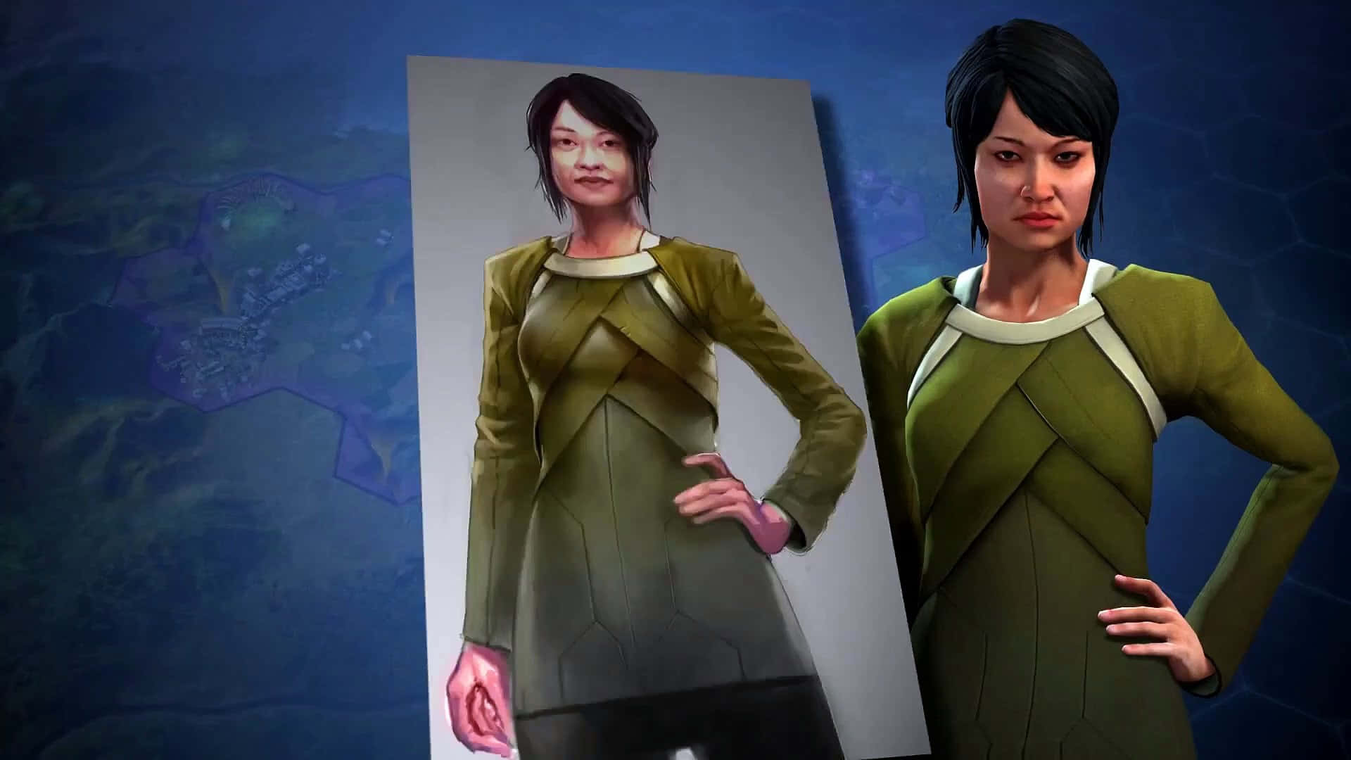 Civilization Beyond Earth 桌布 壁紙 — 一位身穿綠色未來風格服裝的女性站在自己的肖像旁邊，背景為六邊形藍色。