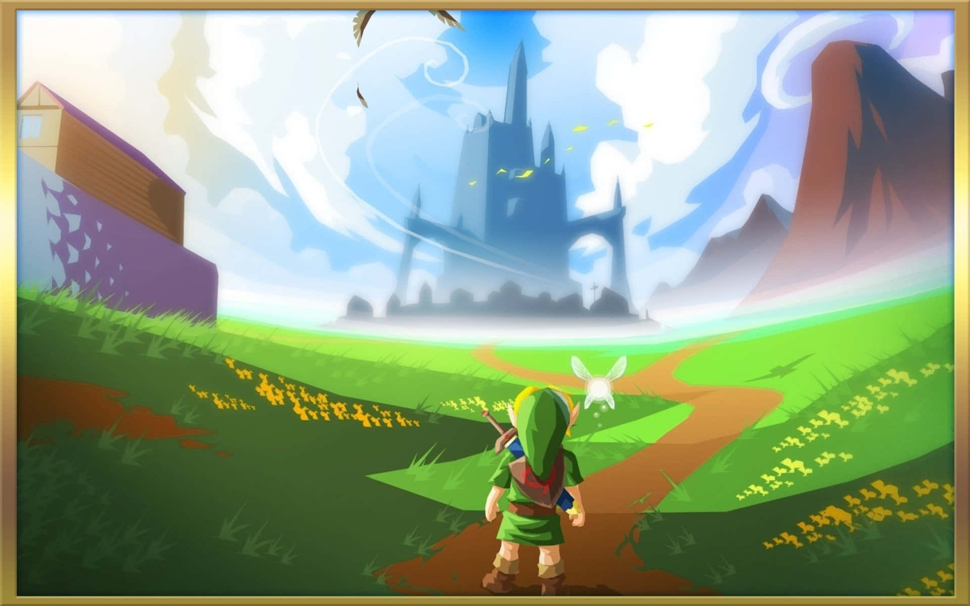 The Legend Of Zelda Hyrule 桌布 壁紙 — 一位身穿綠色束腰外衣的年輕英雄，在鳥兒飛翔的明亮天空下，沿著蜿蜒的小路走向遠處的城堡。