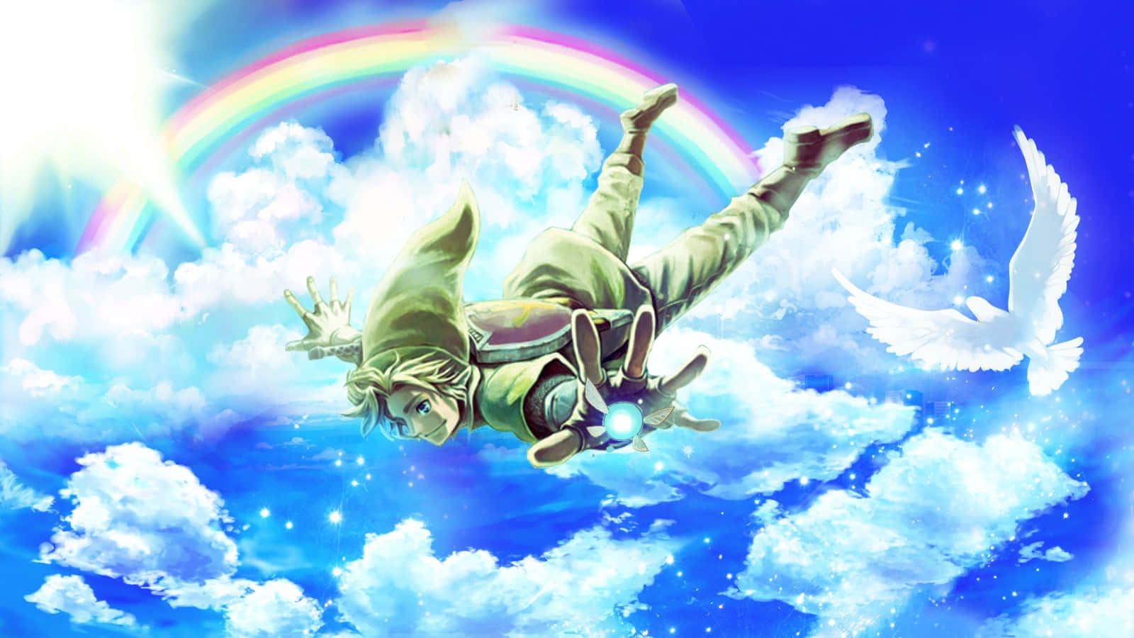 The Legend Of Zelda Skyward Sword 桌布 壁紙 — 一位身穿綠色束腰外衣的年輕英雄在閃耀的彩虹下翱翔於充滿活力的藍天，身旁有一隻白鴿。