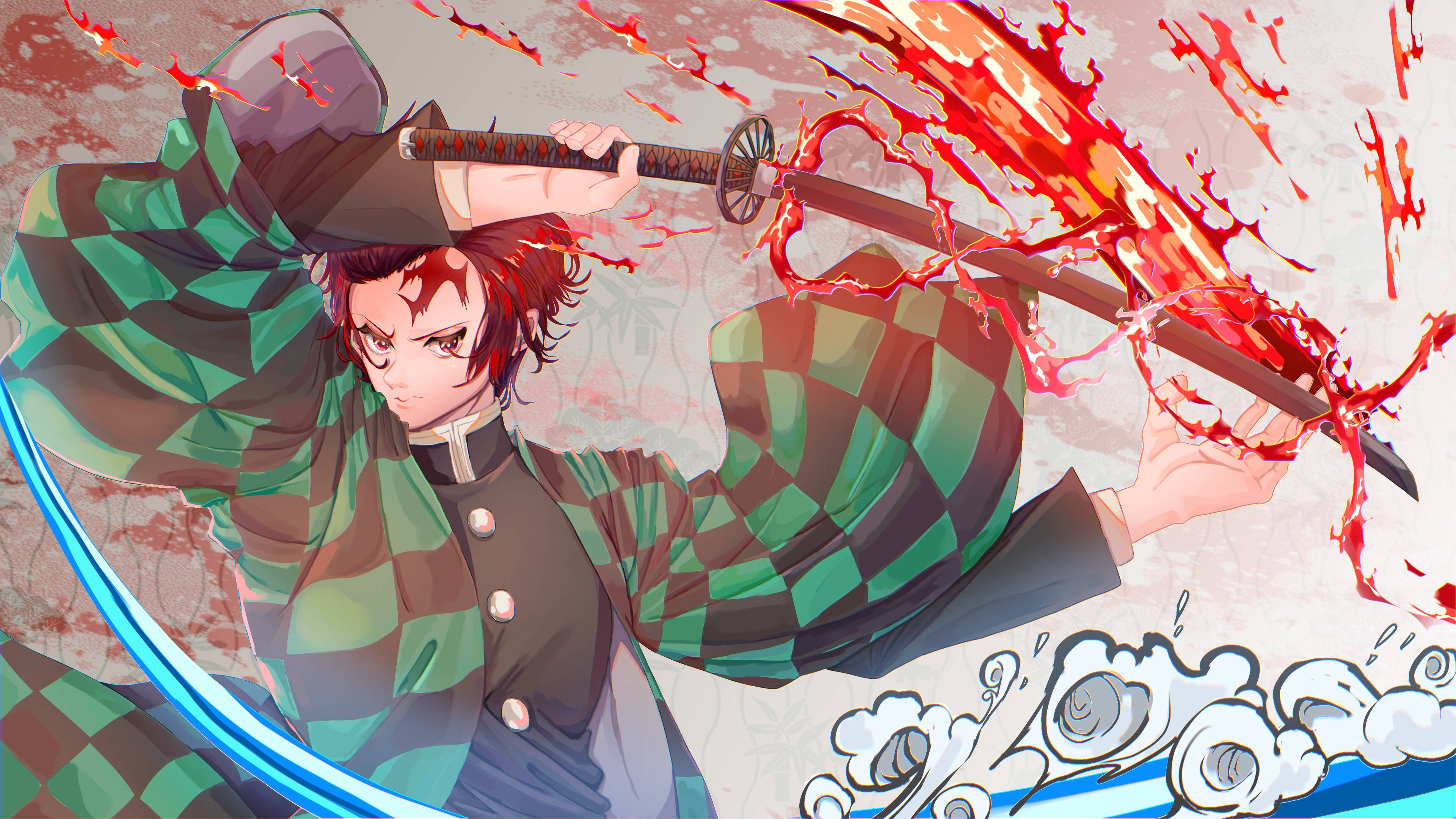 Kagura 桌布 壁紙 — 一位身穿綠色格紋和服的熾熱動漫戰士，在爆炸性的紅色能量和旋轉的藍色水中，用發光的劍揮砍。