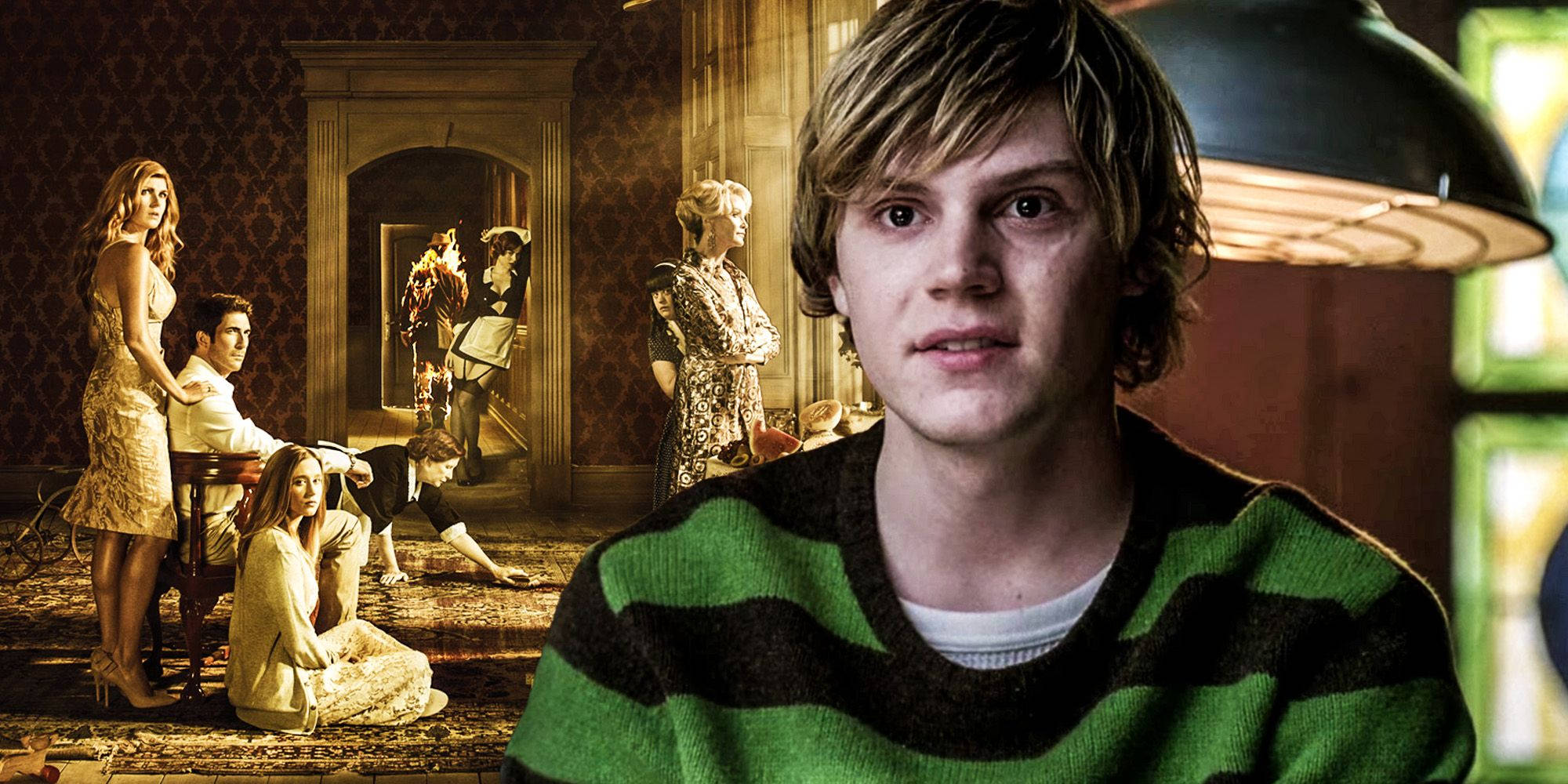 Tate Langdon 桌布 壁紙 — 一位身穿綠色條紋毛衣的年輕男子在溫暖燈光的復古房間中向前凝視，房間裡還有其他穿著時代服裝的人。