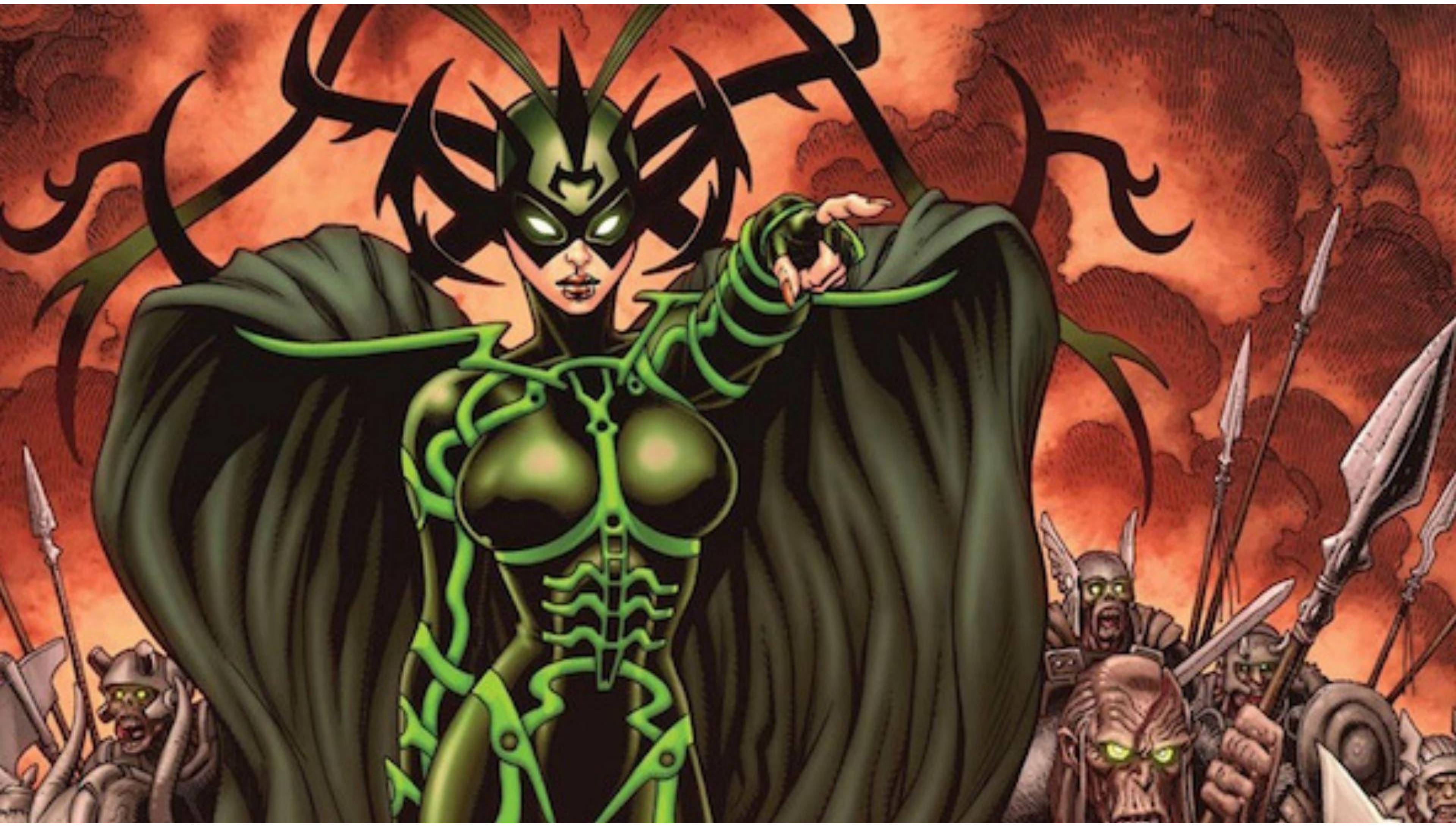 Hela 桌布 壁紙 — 一位身穿綠色盔甲、眼睛發光、披風飄揚的女戰士，在熾熱的橙色天空下指揮一支由怪物士兵組成的軍隊。