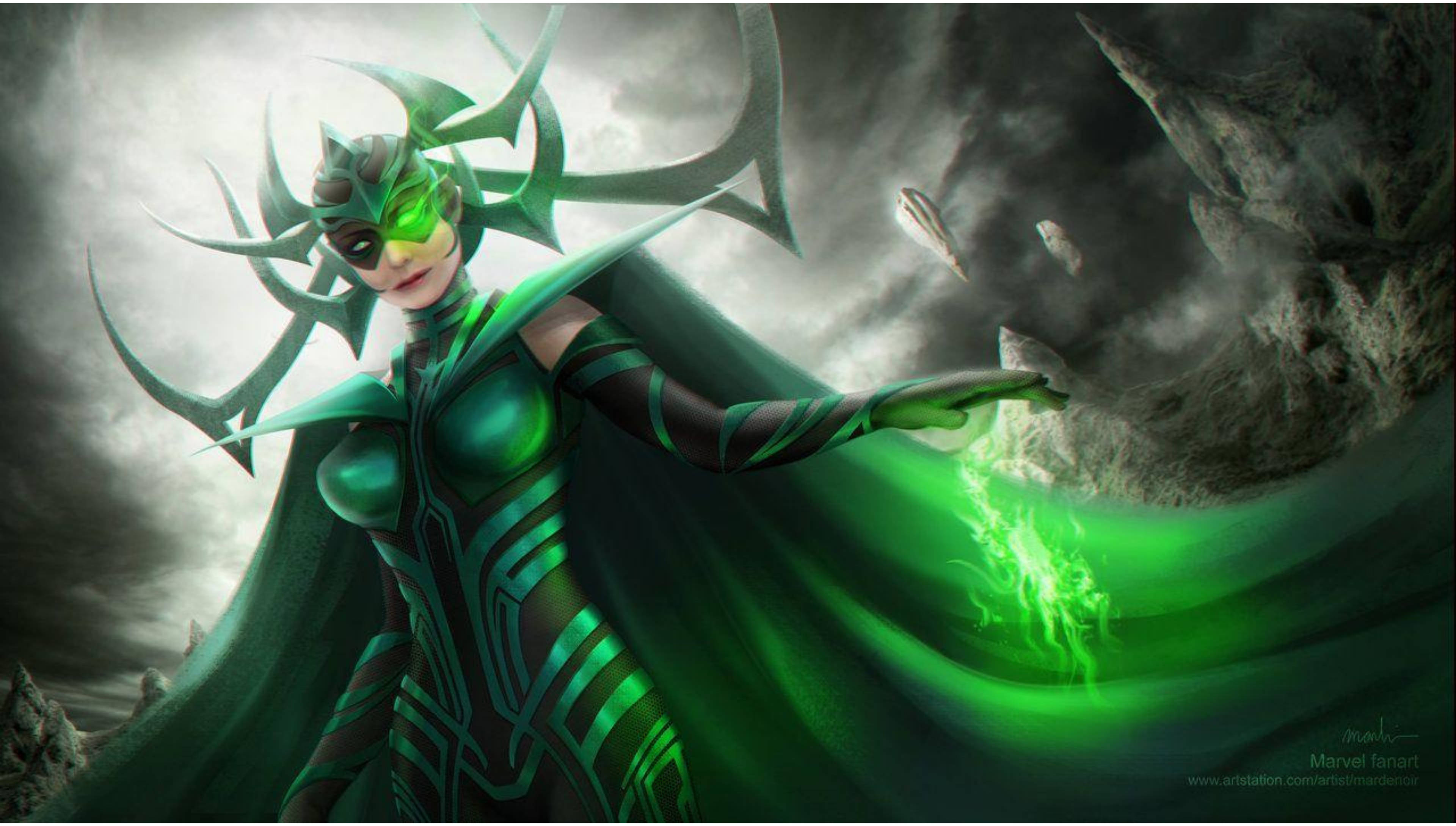 Hela 桌布 壁紙 — 一位身穿綠色盔甲、頭戴鹿角狀頭盔的女性戰士，在暴風雨中的岩石景觀中揮舞著發光的魔法。