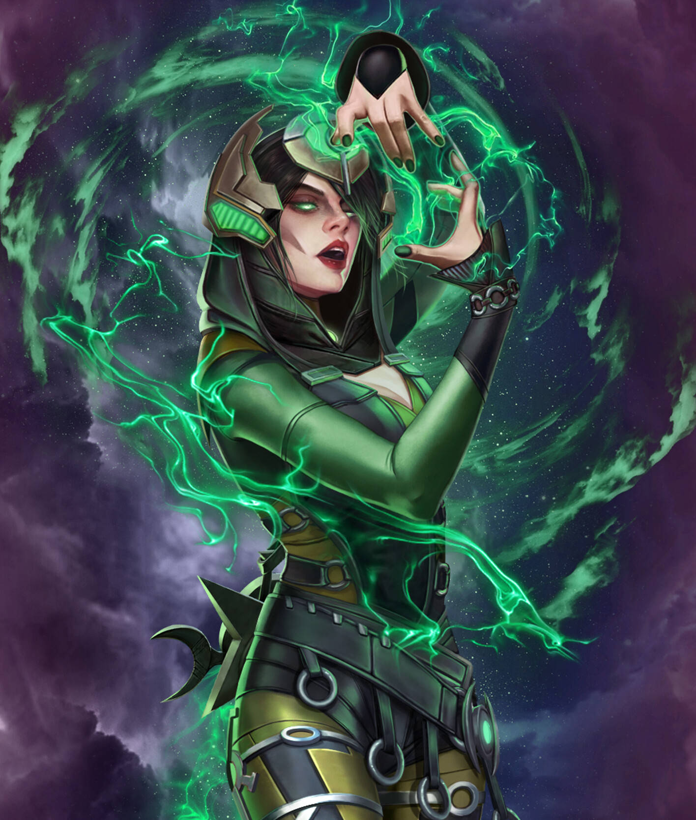 Enchantress 桌布 壁紙 — 一位身穿綠色盔甲的兇猛女戰士，在宇宙風暴背景下，從漂浮的球體中引導出噼啪作響的綠色能量。