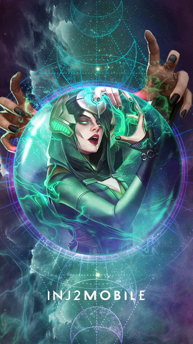Enchantress 桌布 壁紙 — 一位身穿綠色盔甲的兇猛女戰士在神秘球體內引導發光能量，背景是宇宙星空。