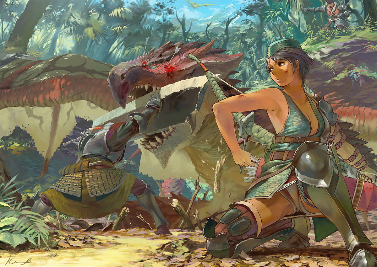Monster Hunter 桌布 壁紙 — 一位身穿綠色盔甲的女戰士在茂密的叢林中與一條巨大的紅龍戰鬥，背景中還有另一位戰士。