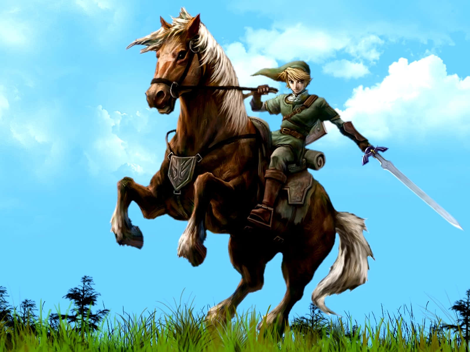 The Legend Of Zelda Epona 桌布 壁紙 — 一位身穿綠色盔甲的年輕英雄騎著一匹棕色的馬在草地上奔騰，背景是晴朗的藍天和蓬鬆的白雲。