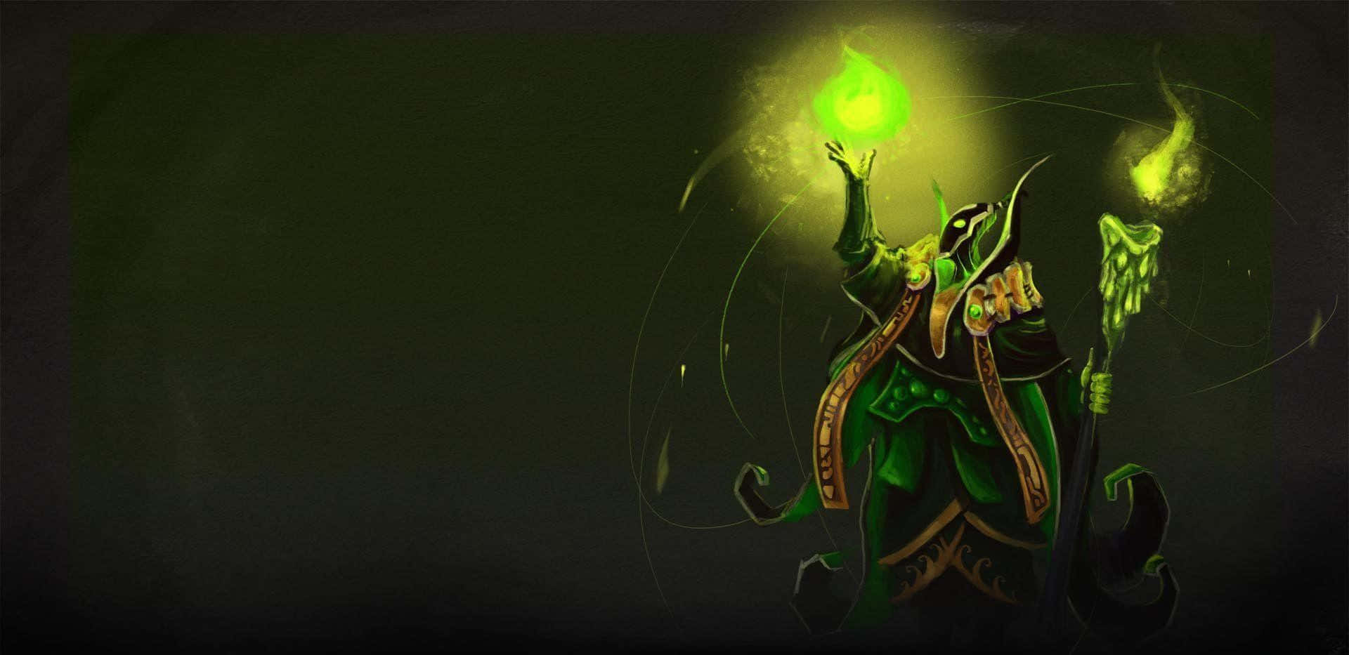 Rubick 桌布 壁紙 — 一位身穿綠色盔甲的暗袍巫師，在黑色背景下用魔杖引導發光的綠色魔法。
