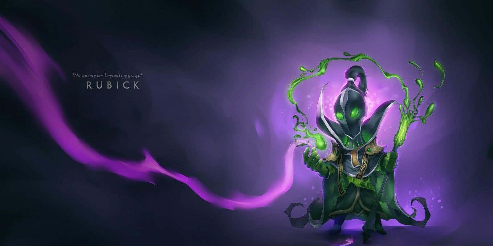 Rubick 桌布 壁紙 — 一位身穿綠色盔甲的黑暗奇幻法師，在旋轉的紫色虛空背景中引導發光的綠色魔法。