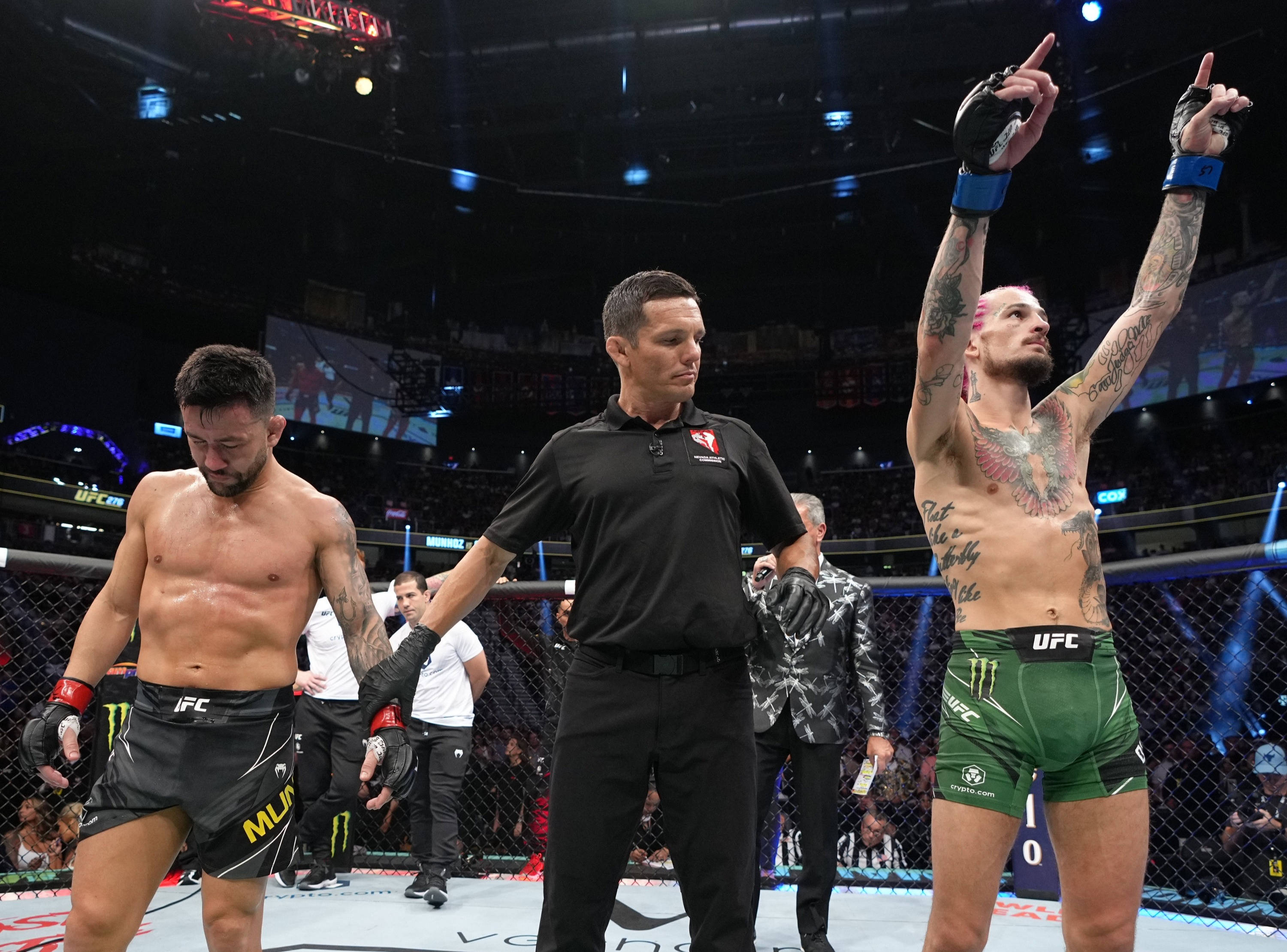Champion 桌布 壁紙 — 一位身穿綠色短褲的勝利MMA拳手在八角籠中高舉雙臂慶祝勝利，裁判則握著他落敗對手的手。