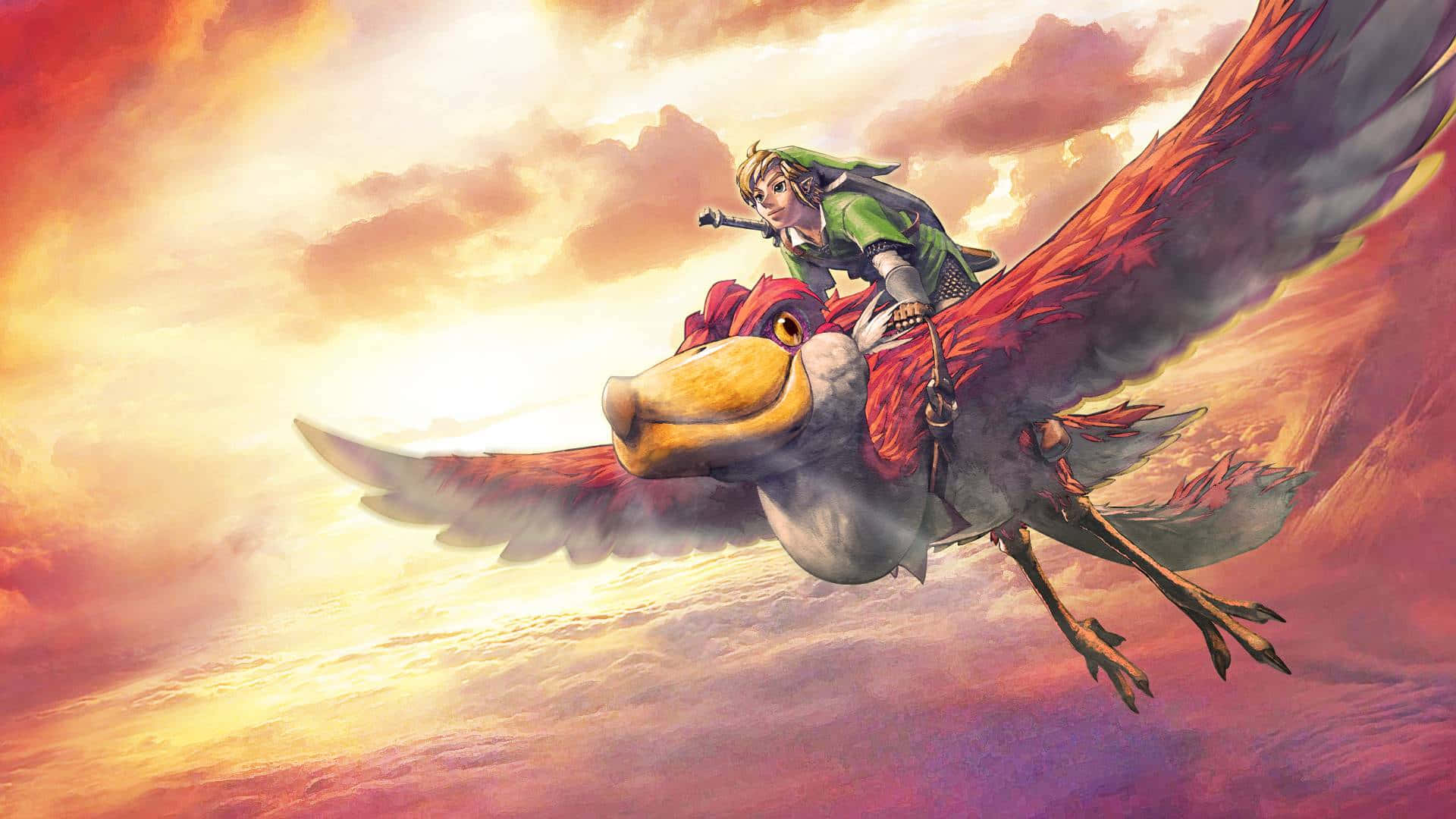 The Legend Of Zelda Skyward Sword 桌布 壁紙 — 一位身穿綠色衣服的年輕英雄騎著一隻雄偉的紅鳥，在雲層之上飛越熾熱的日落天空。