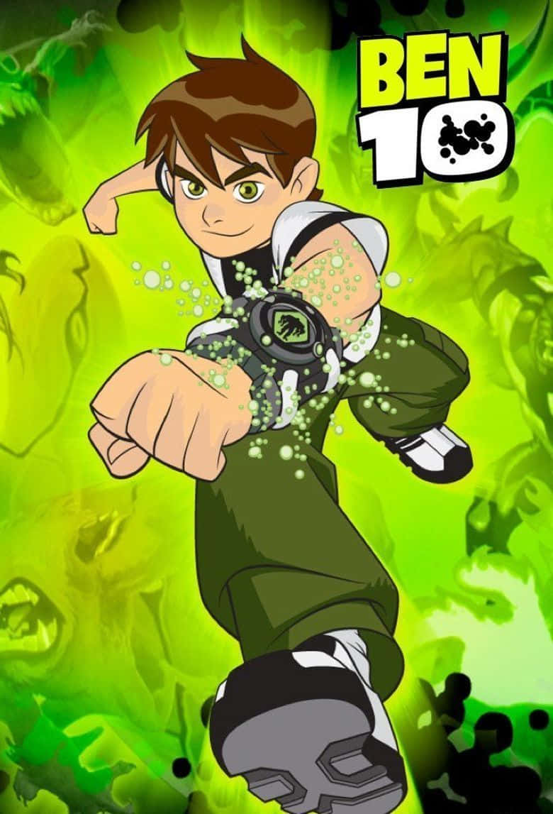 Ben 10 桌布 壁紙 — 一位身穿綠色裝備的年輕英雄在充滿活力的霓虹綠色背景下，用發光的綠色能量啟動他的外星手錶。