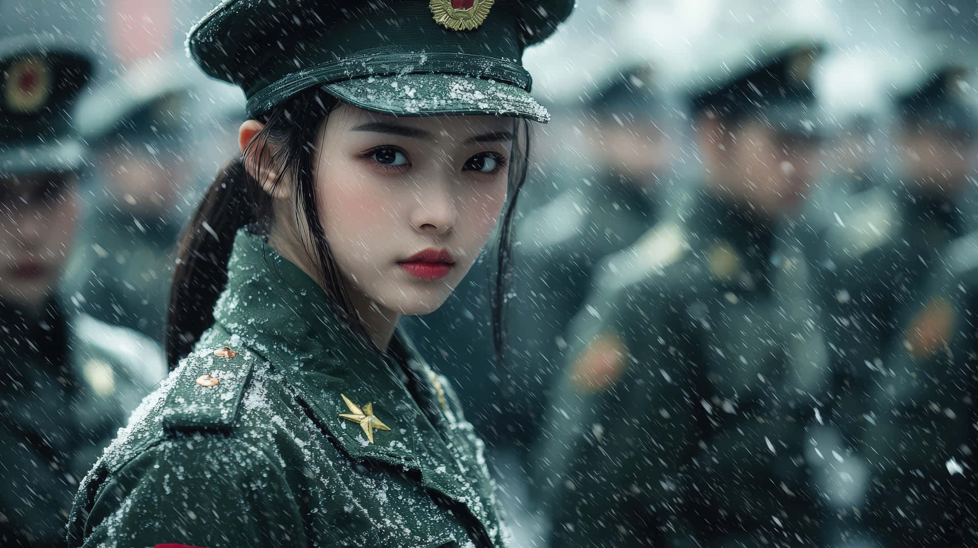 Young female soldier in green uniform standing in snowfall 壁紙 — 一位身穿綠色軍裝、佩戴星形徽章的年輕女子站在飄落的雪中，而其他身穿制服的人模糊地站在她身後。
