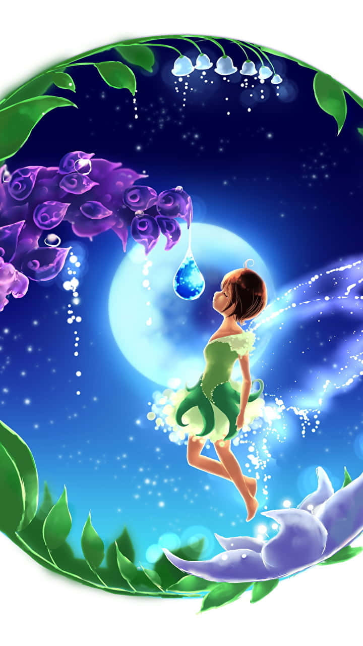 Cute Fairy 桌布 壁紙 — 一位身穿綠色連衣裙的仙女在發光的月亮下漂浮，一滴藍色水滴從紫色花朵中落下，周圍環繞著綠葉。