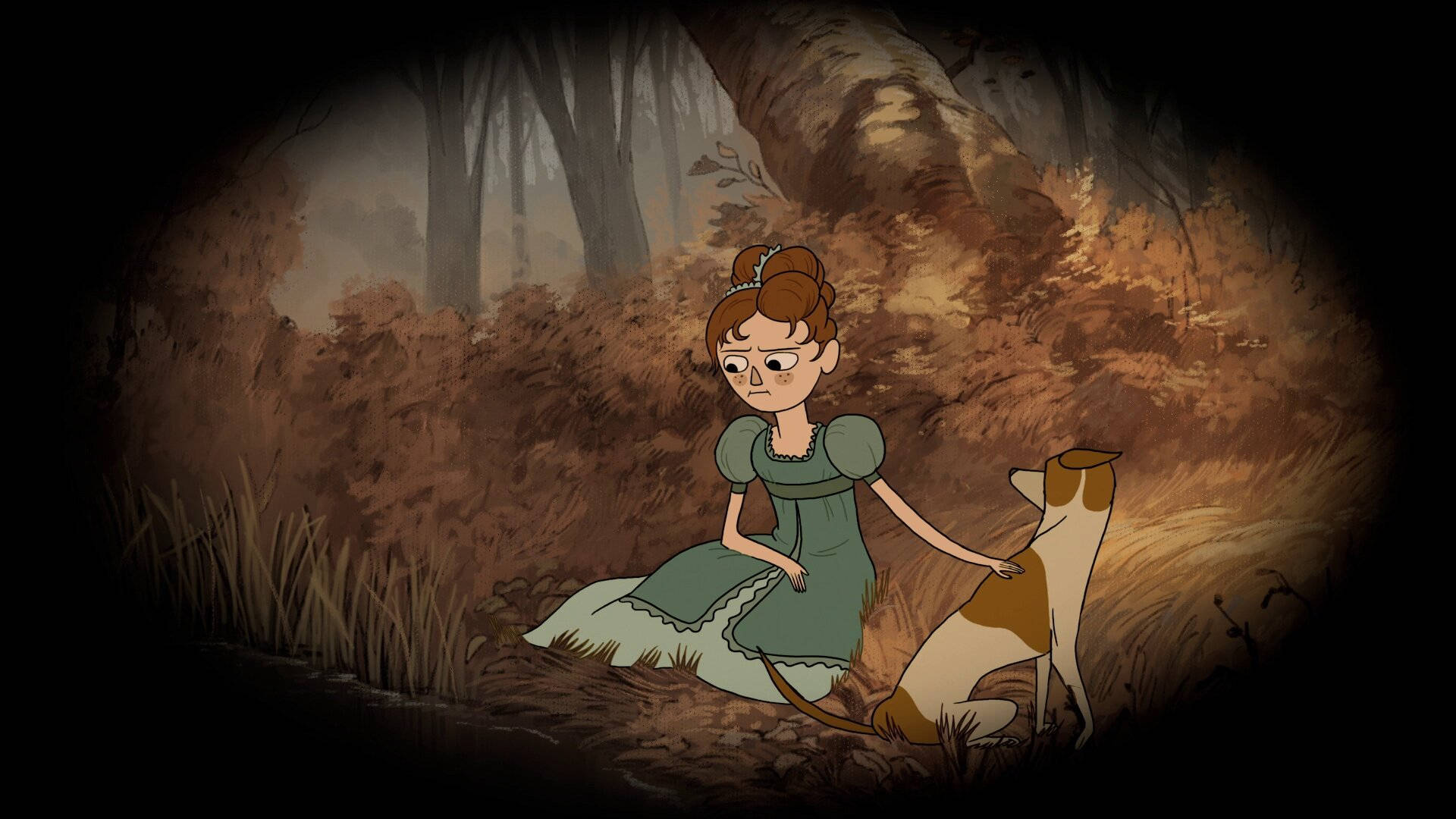 over the garden wall 桌布 壁紙 — 一位身穿綠色連衣裙的年輕女子坐在一隻棕白相間的狗旁邊，身處迷霧森林中，被柔和的聚光燈照亮。