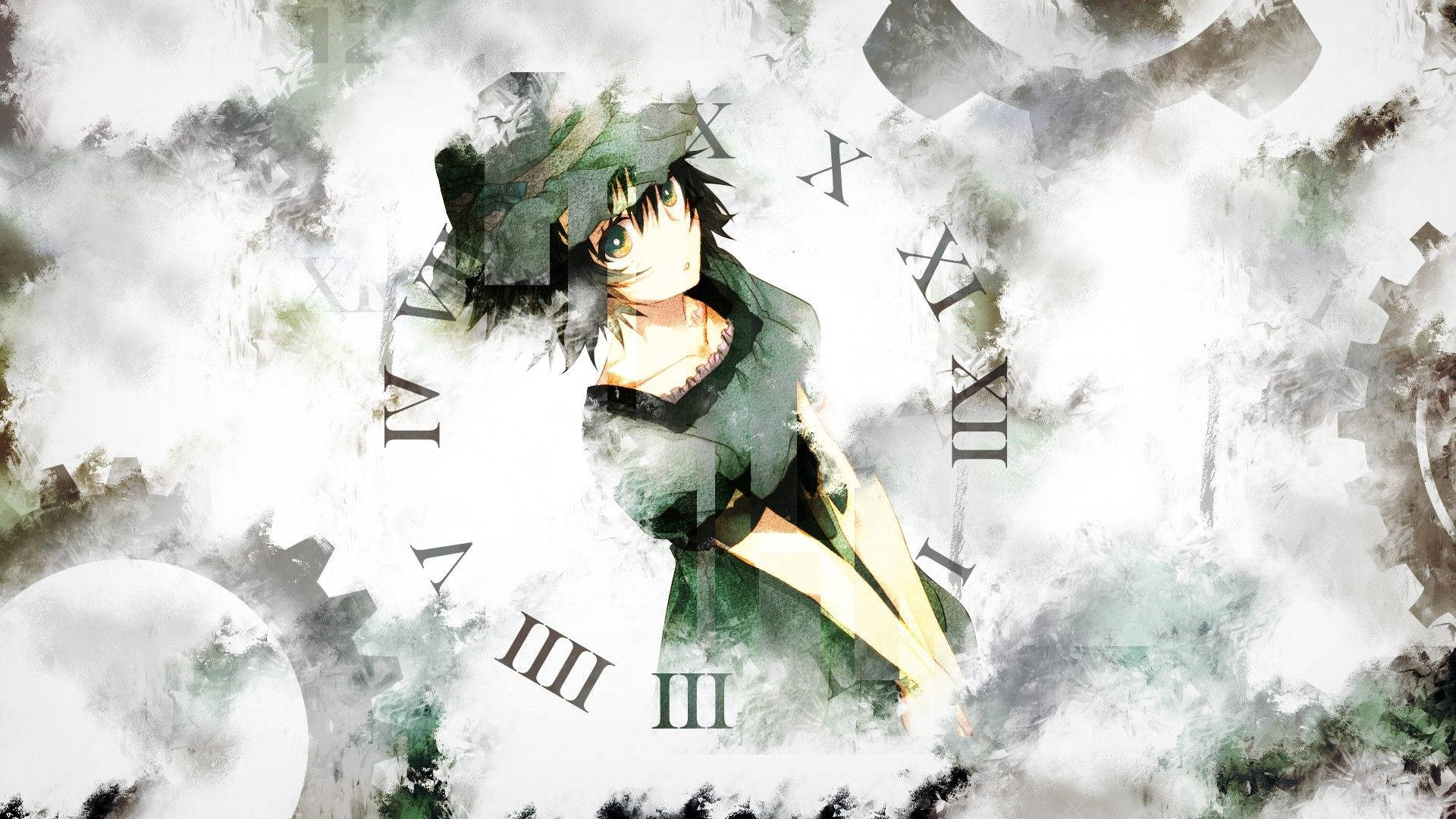 Steins Gate 桌布 壁紙 — 一位身穿綠色長袍、黑髮綠眼的動漫女孩，站在旋轉的迷霧和漂浮的羅馬數字與齒輪之中。