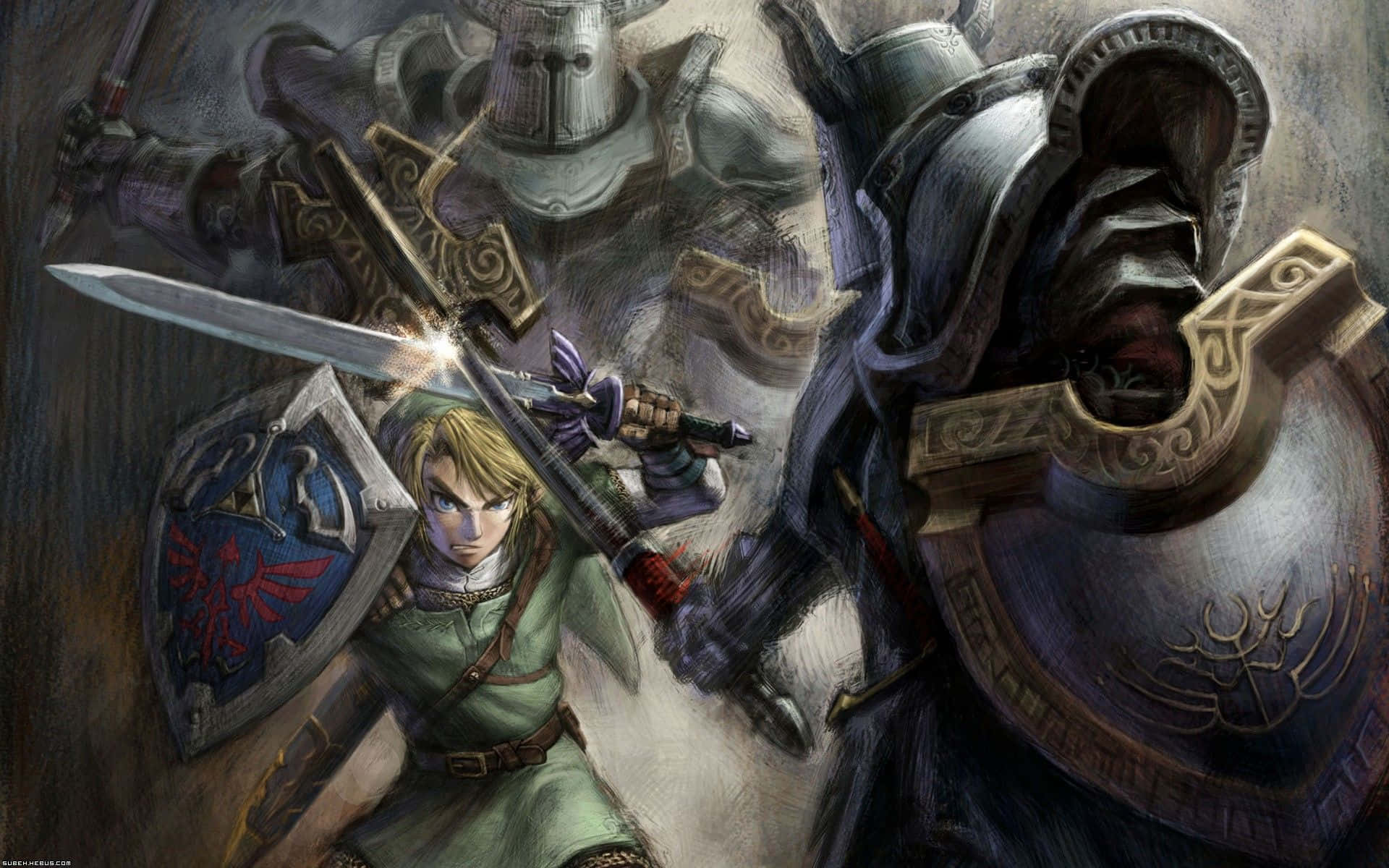 Game Art 桌布 壁紙 — 一位身穿綠色長袍和藍色盾牌的年輕英雄，在 gritty 奇幻戰鬥中與一位高聳的裝甲騎士交鋒。