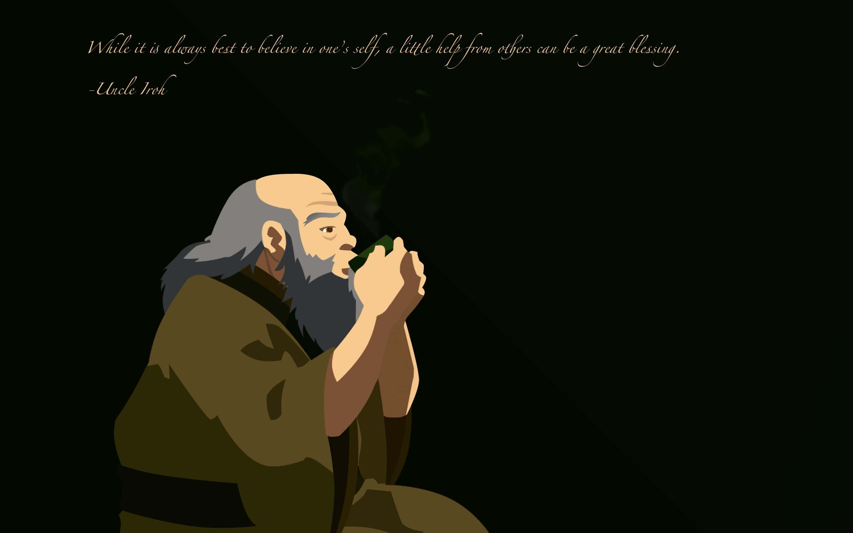 Uncle Iroh 桌布 壁紙 — 一位身穿綠色長袍的長鬍子老人，在深色背景中抽著煙斗，並帶有鼓舞人心的文字。