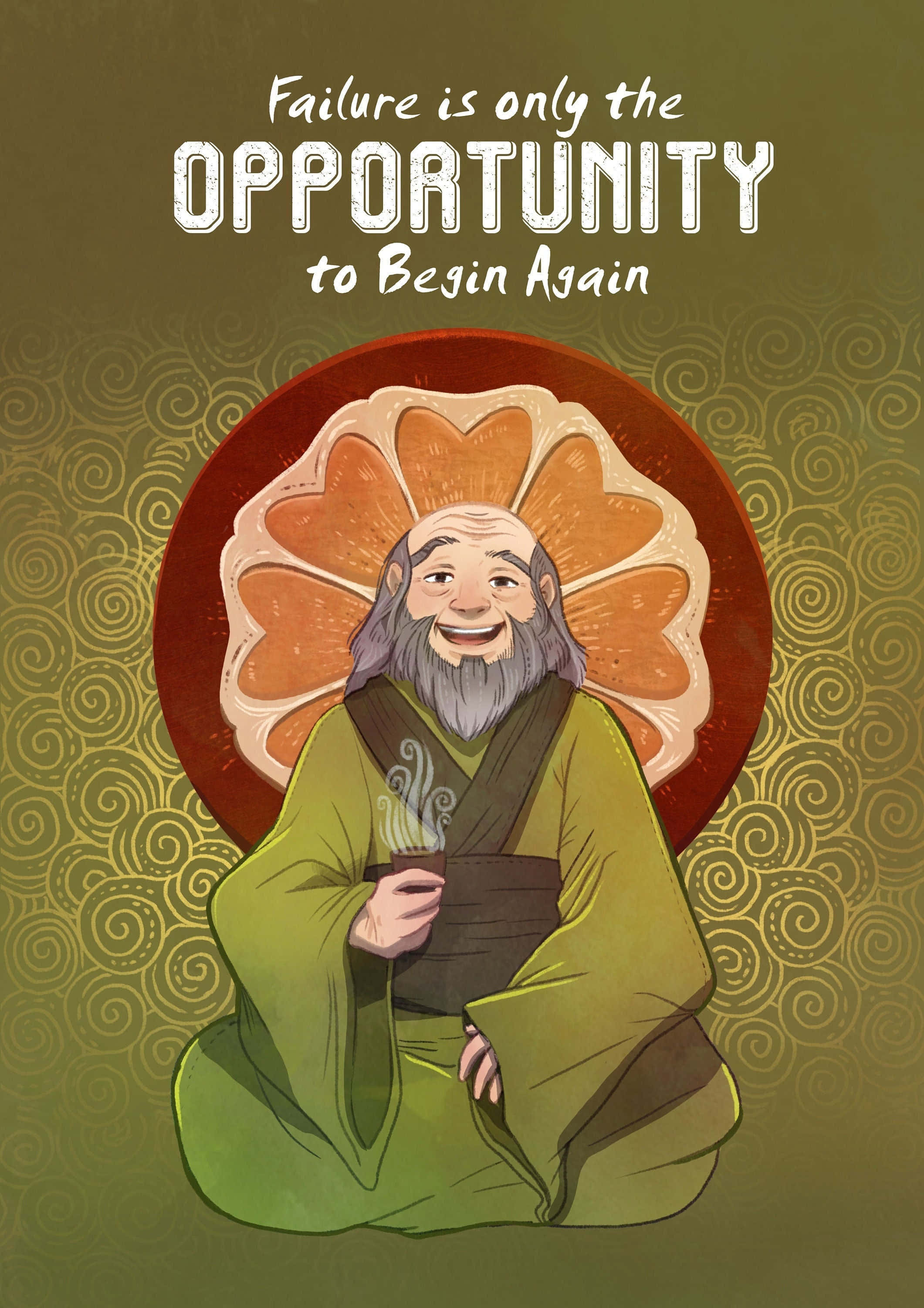 Uncle Iroh 桌布 壁紙 — 一位身穿綠色長袍的開朗老賢者在旋轉的金色圖案背景前，在耀眼的橙色光環下喝茶。