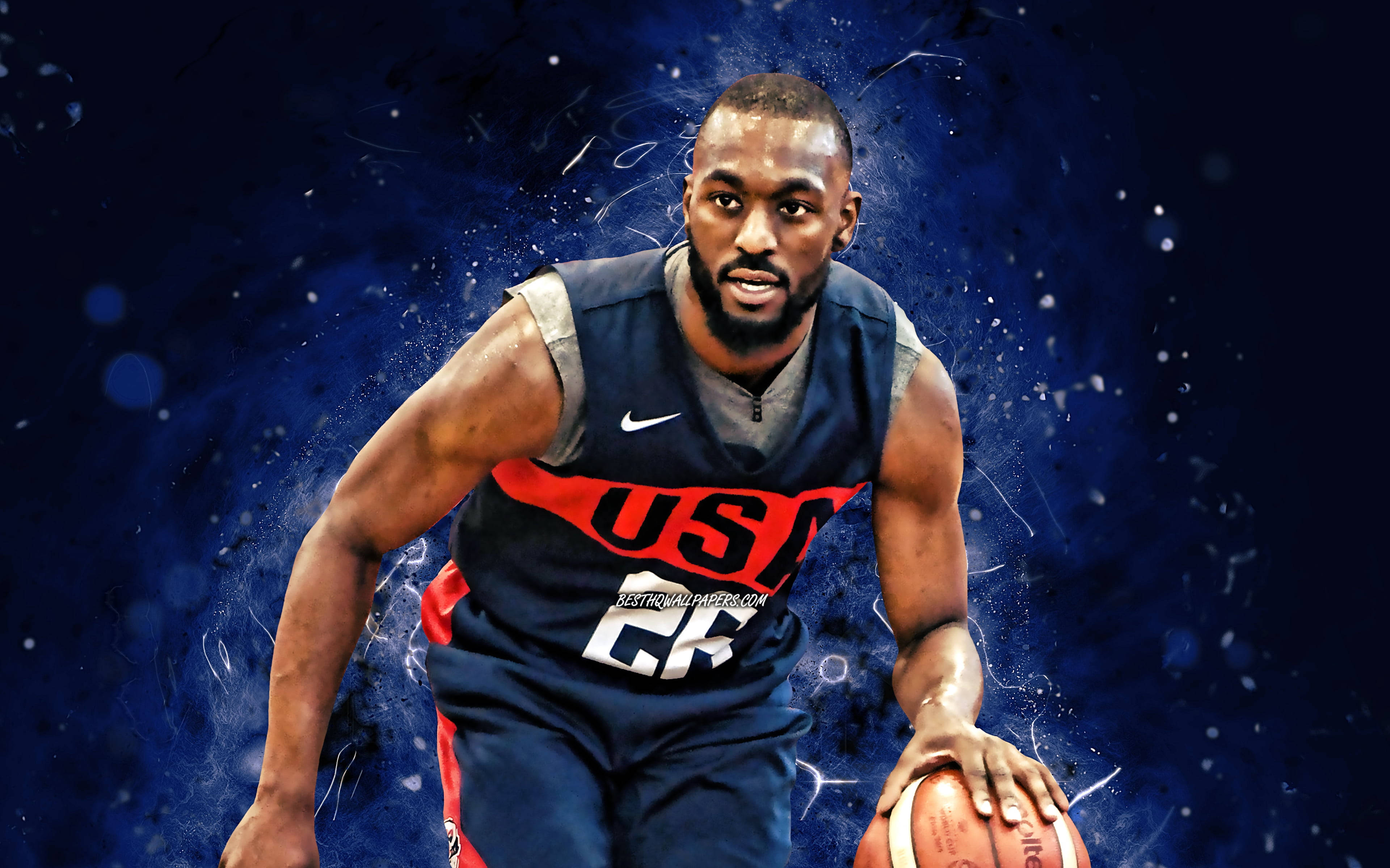 Kemba Walker 桌布 壁紙 — 一位身穿美國球衣的專注籃球運動員，在帶有發光粒子的動態藍色宇宙背景中運球。
